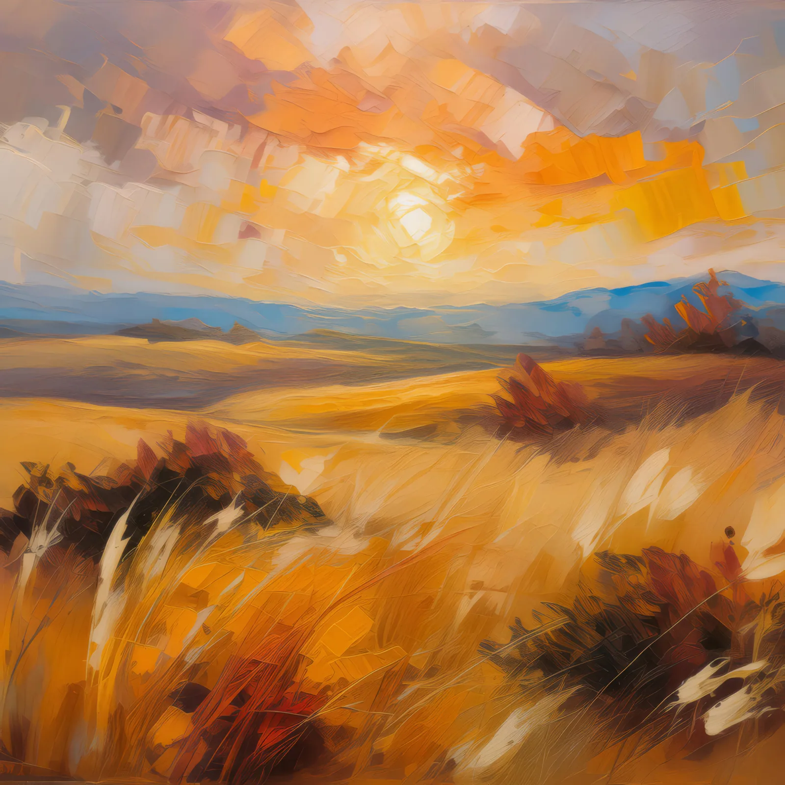 Prairie Sunset Glow, a palette-knife oil landscape by Emma Mickelberg