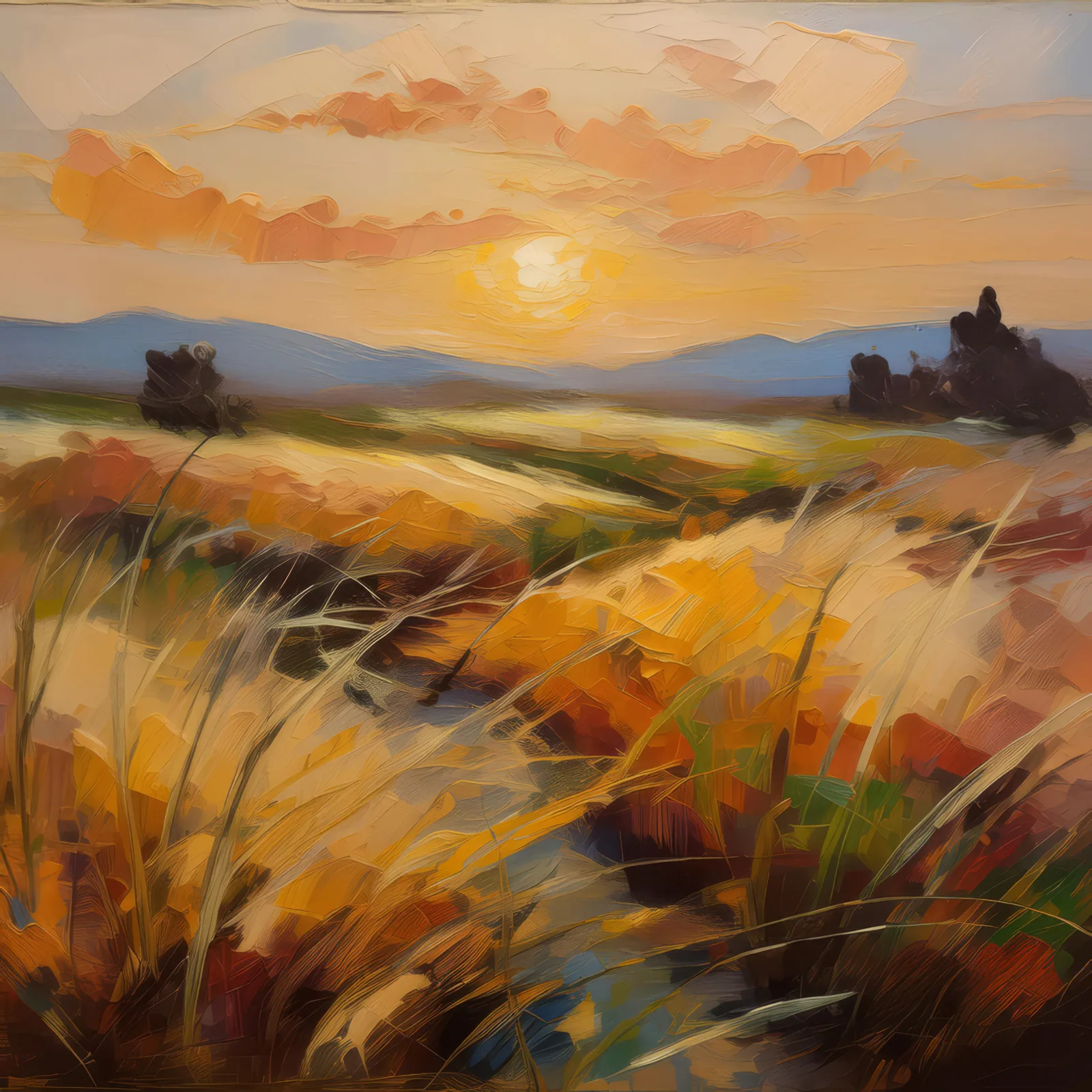 Prairie Sunset Scene, a palette-knife oil landscape by Emma Mickelberg