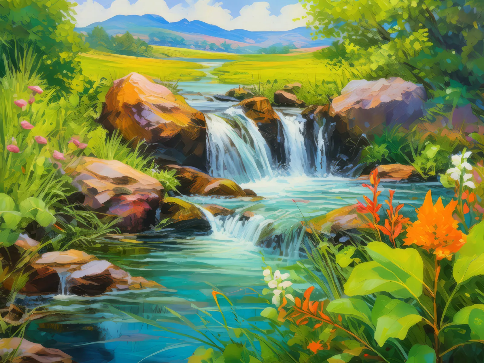 Prairie Waterfall, a palette-knife oil landscape by Emma Mickelberg