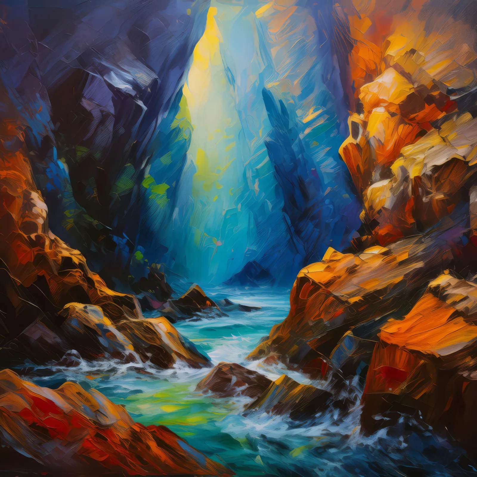Primordial Pulses in Craggy Depths, a palette-knife oil landscape by Emma Mickelberg