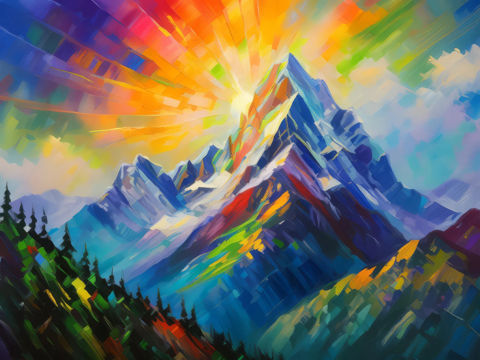Prismatic Play on Precipitous Peaks, a palette-knife oil landscape by Emma Mickelberg