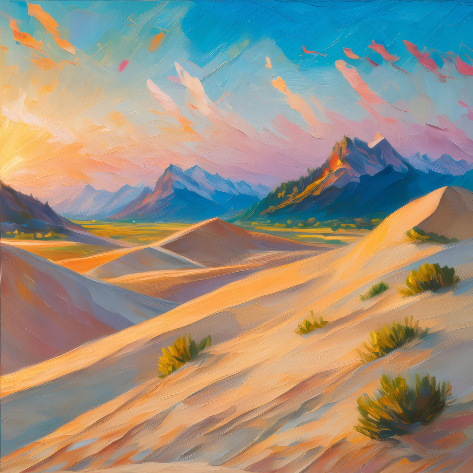 Quiet Alpine Desert Morning, a palette-knife oil landscape by Emma Mickelberg