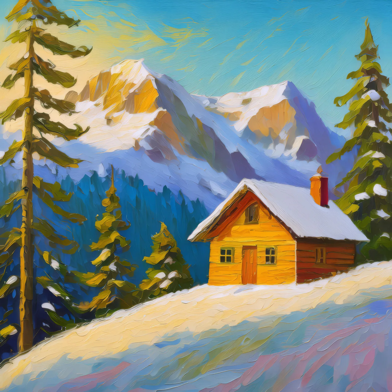 Quiet Alpine Retreat, a palette-knife oil landscape by Emma Mickelberg