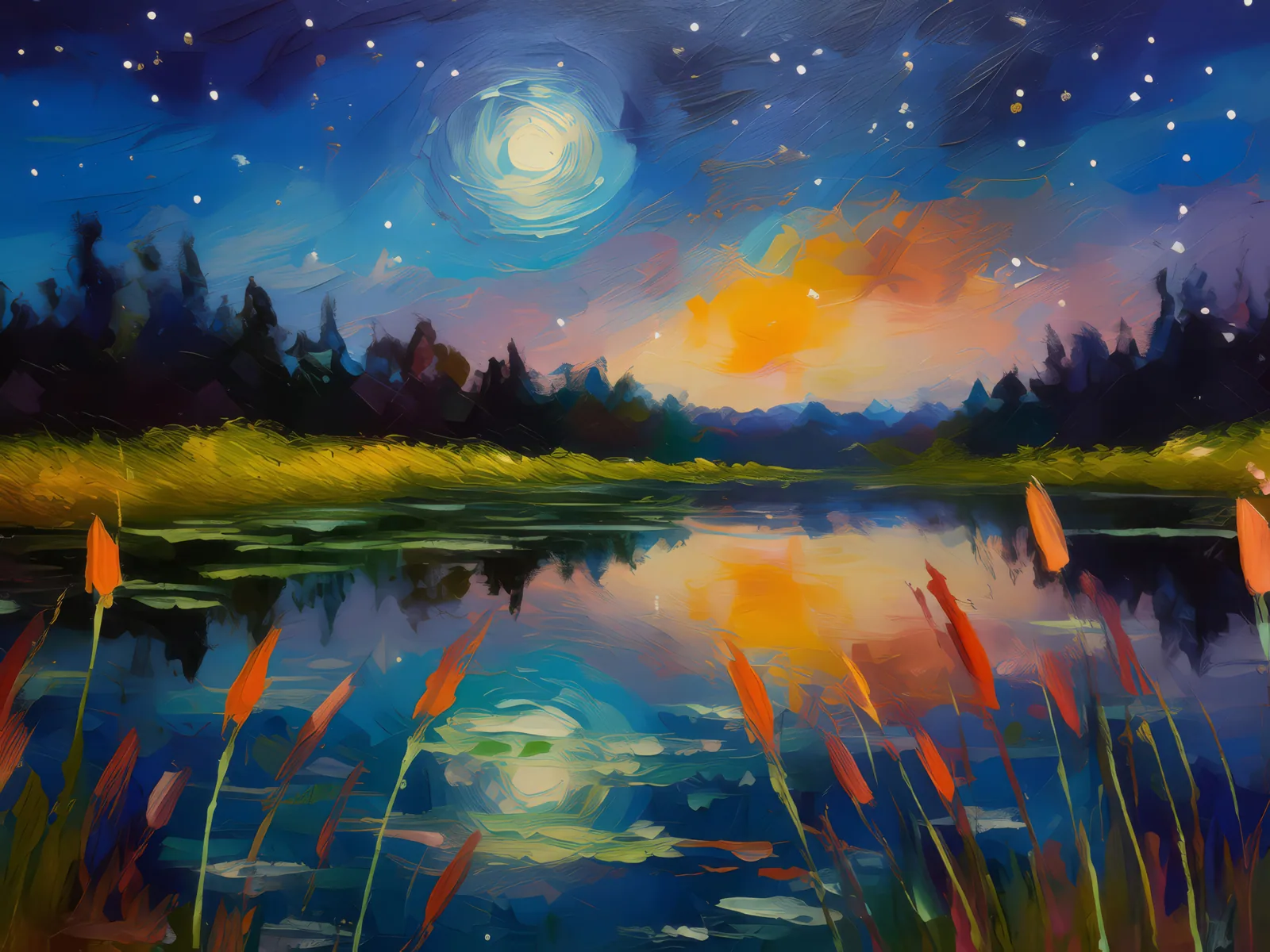 Quiet Pond at Twilight, a palette-knife oil landscape by Emma Mickelberg