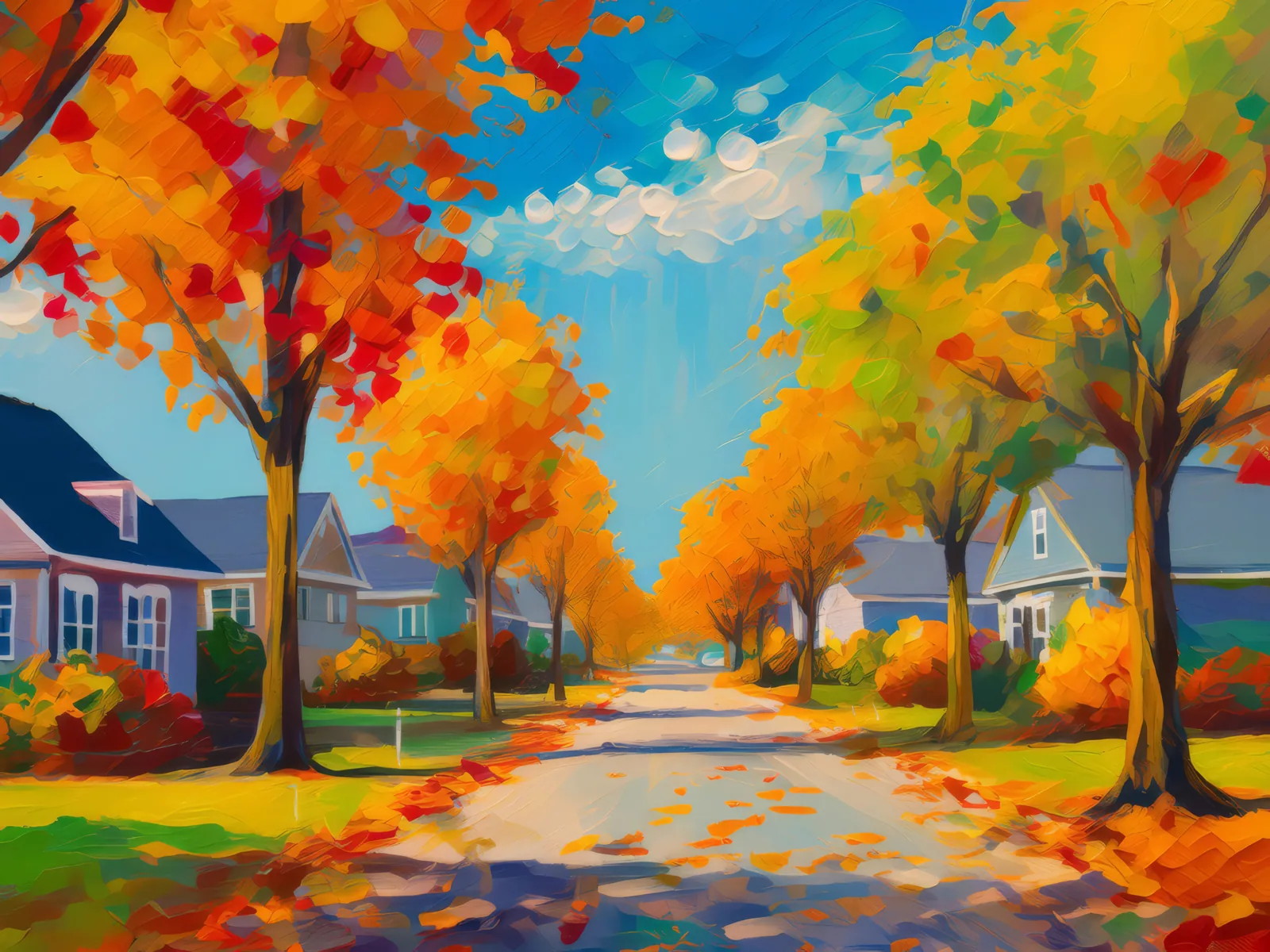 Quiet Suburban Autumn, a palette-knife oil landscape by Emma Mickelberg