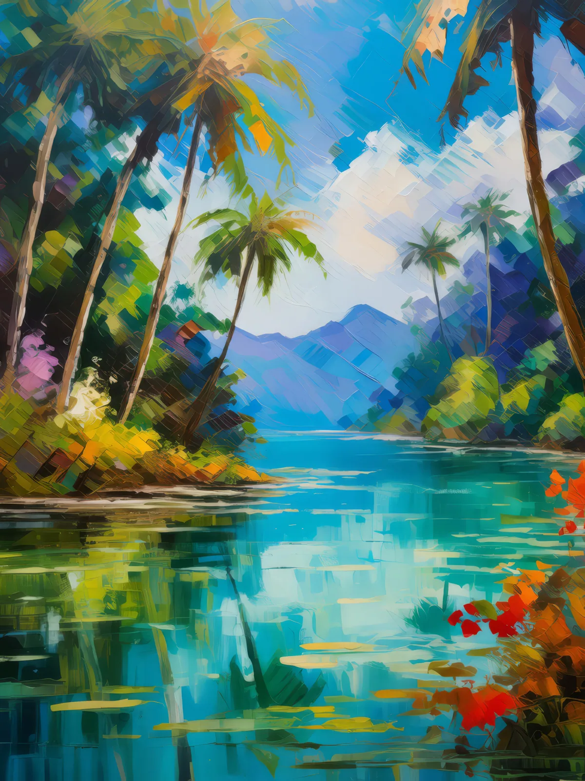 Quiet Tropical Lagoon, a palette-knife oil landscape by Emma Mickelberg