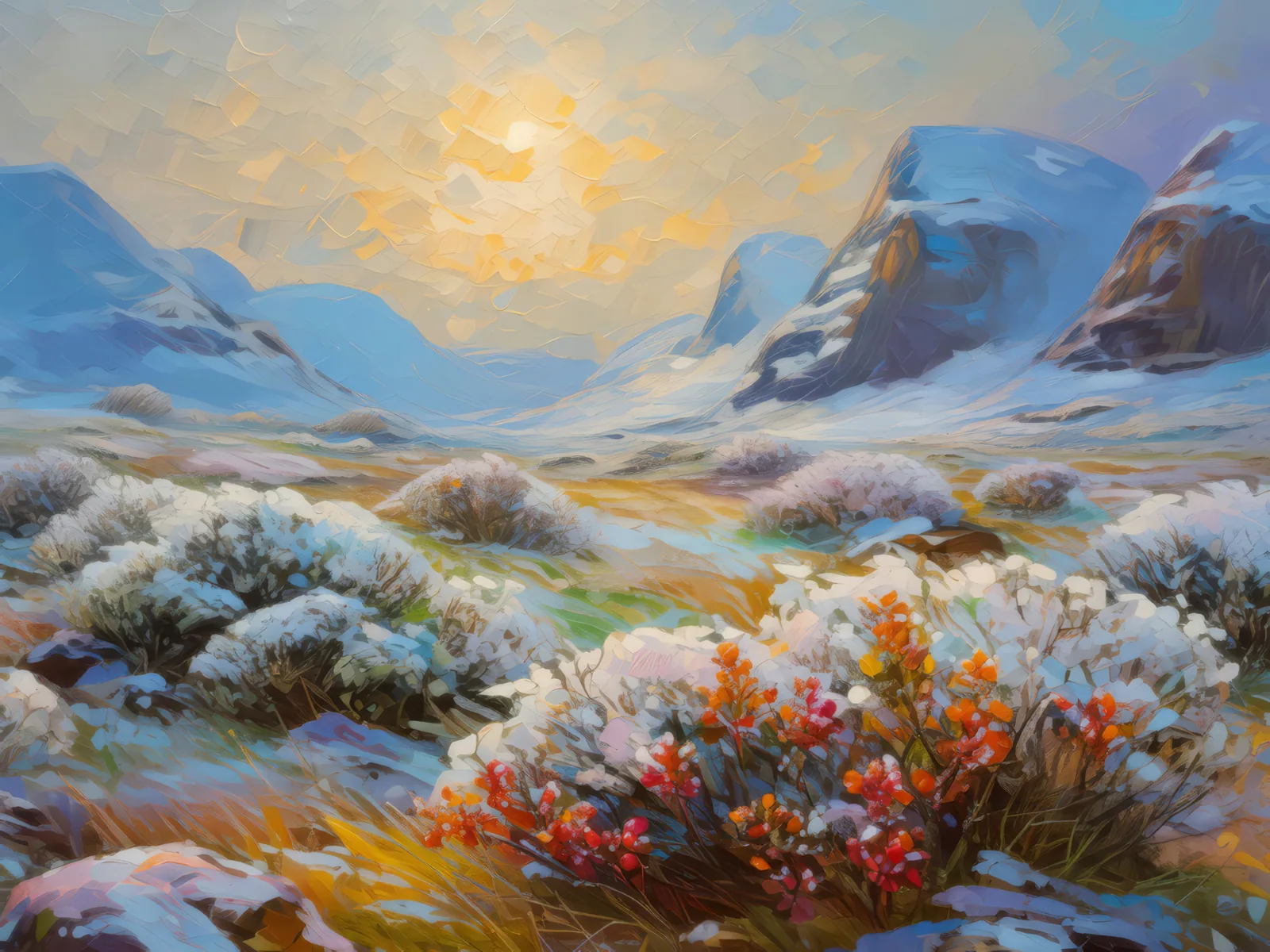 Quiet Tundra Morning, a palette-knife oil landscape by Emma Mickelberg