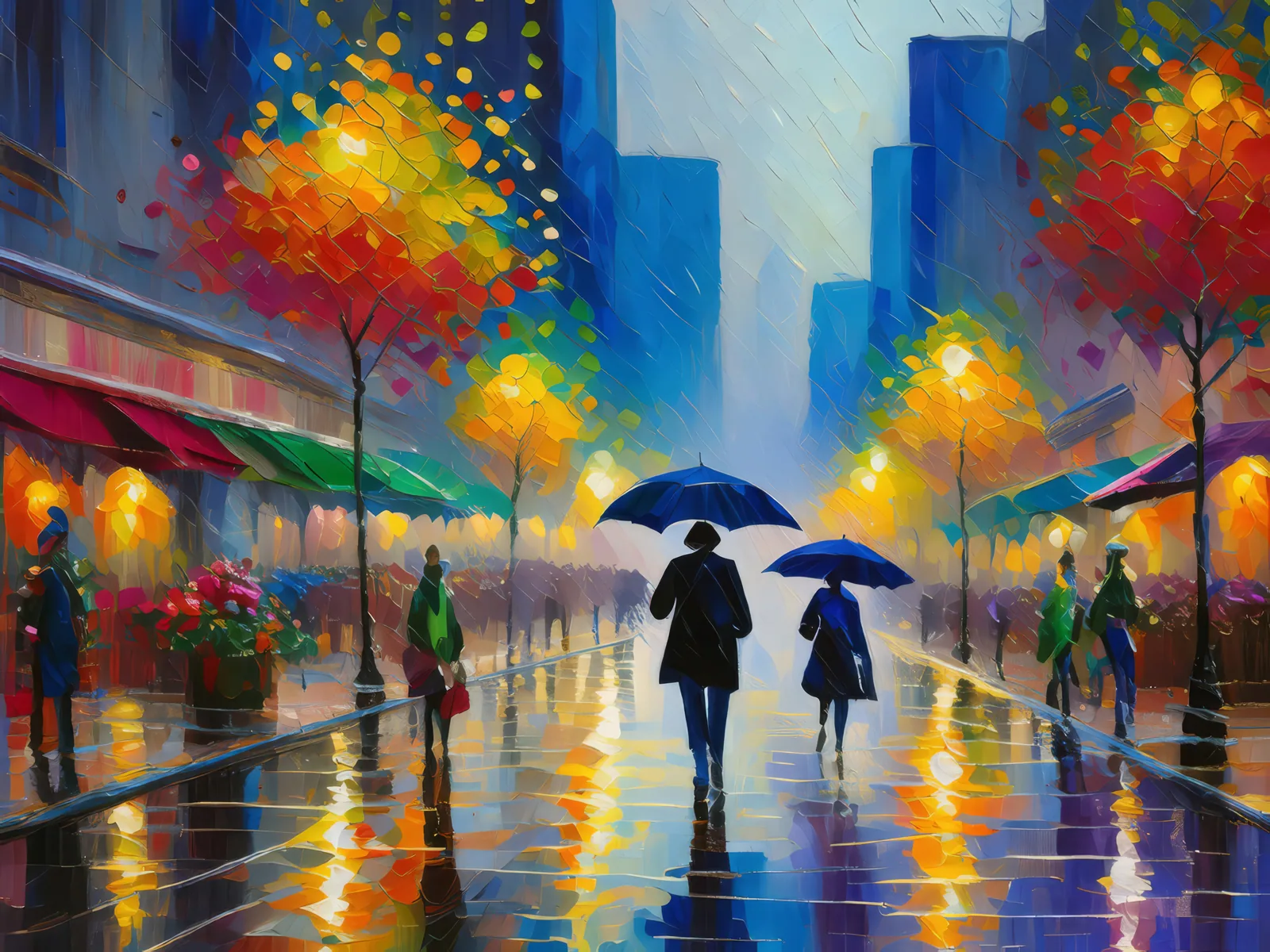 Rain-Drenched Cityscape, a palette-knife oil landscape by Emma Mickelberg