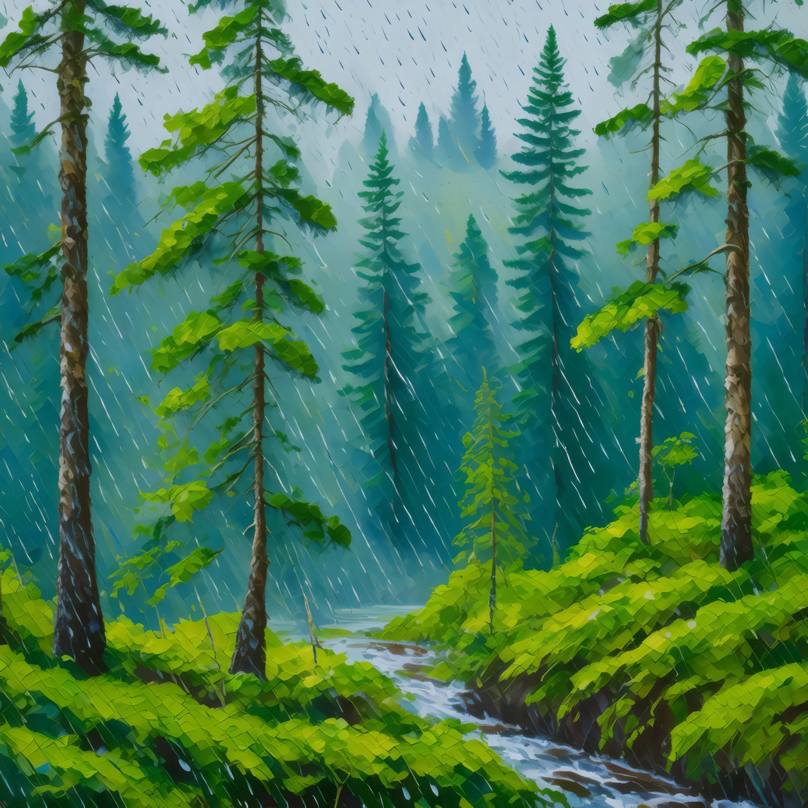 Rain-soaked Boreal Forest, a palette-knife oil landscape by Emma Mickelberg