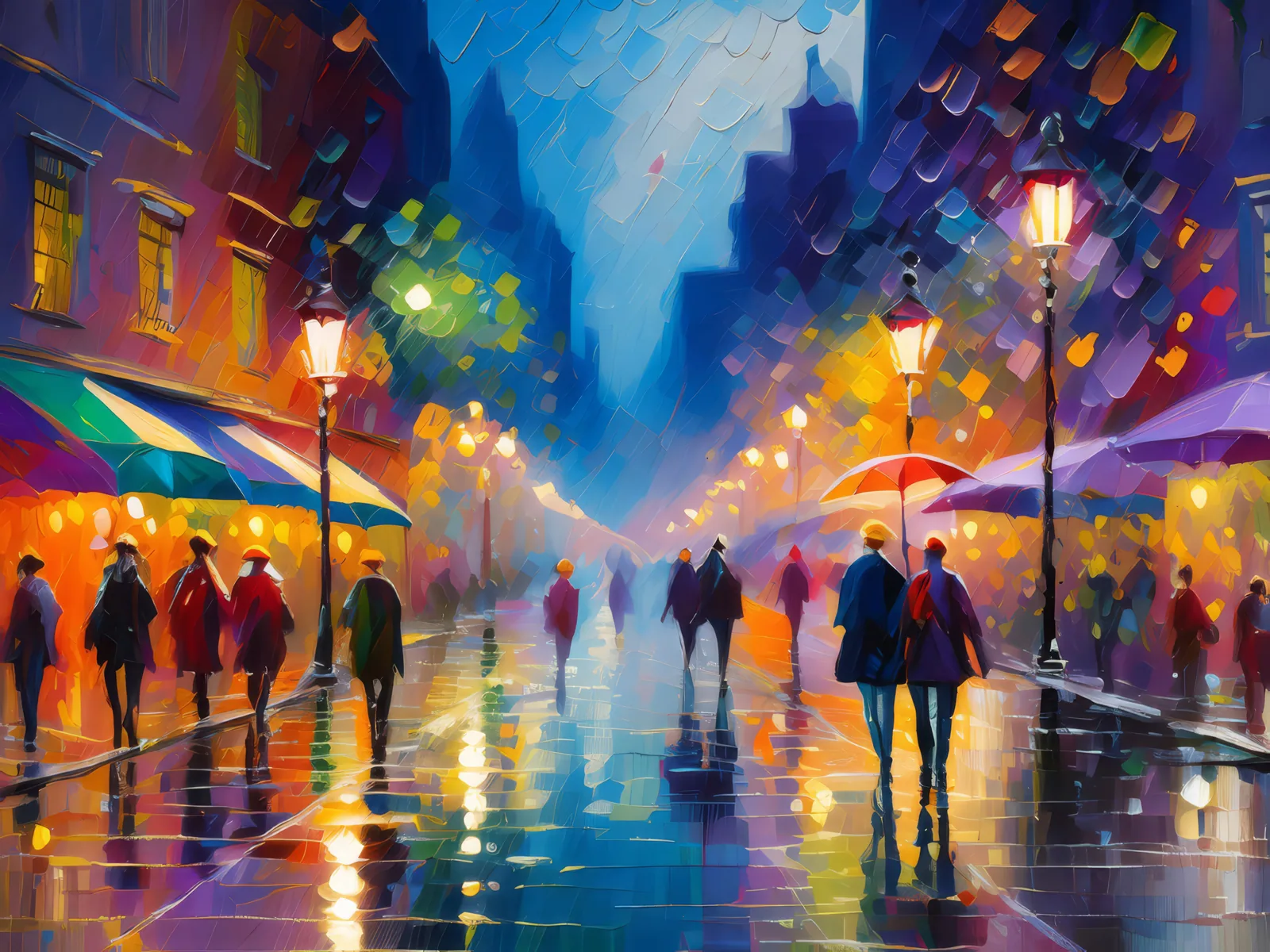 Rain-soaked City Street at Night, a palette-knife oil landscape by Emma Mickelberg