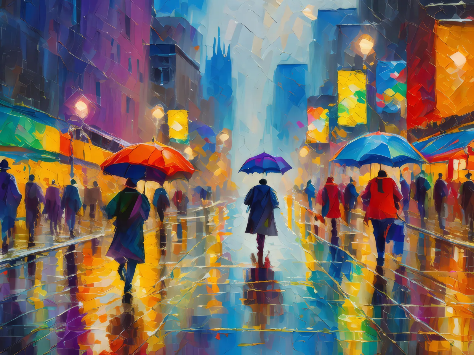 Rain-Soaked Metropolitan Streets, a palette-knife oil landscape by Emma Mickelberg