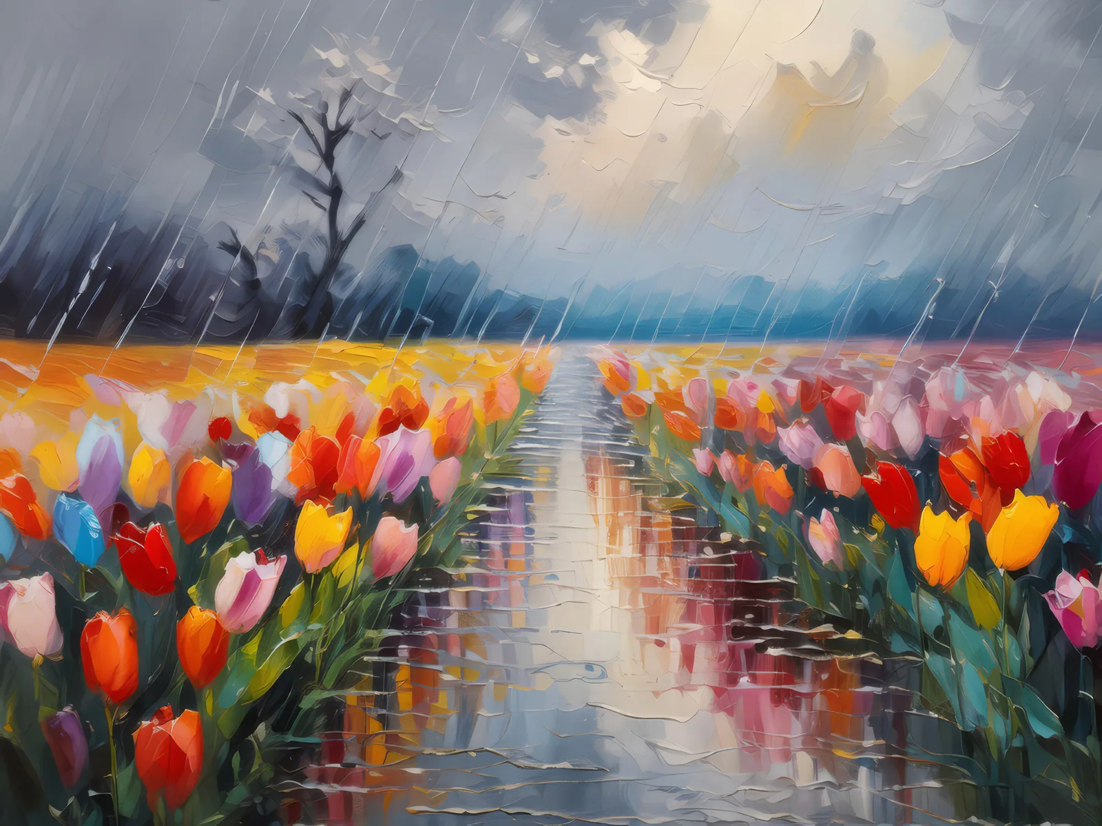 Rain-Soaked Tulip Field, a palette-knife oil landscape by Emma Mickelberg