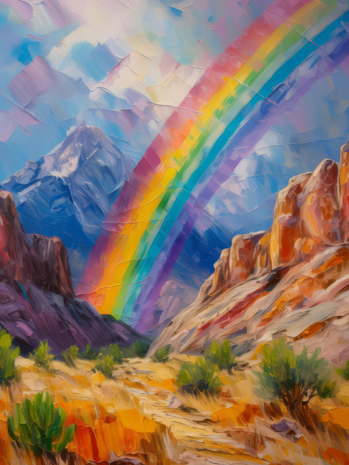 Rainbow Over Alpine Desert, a palette-knife oil landscape by Emma Mickelberg