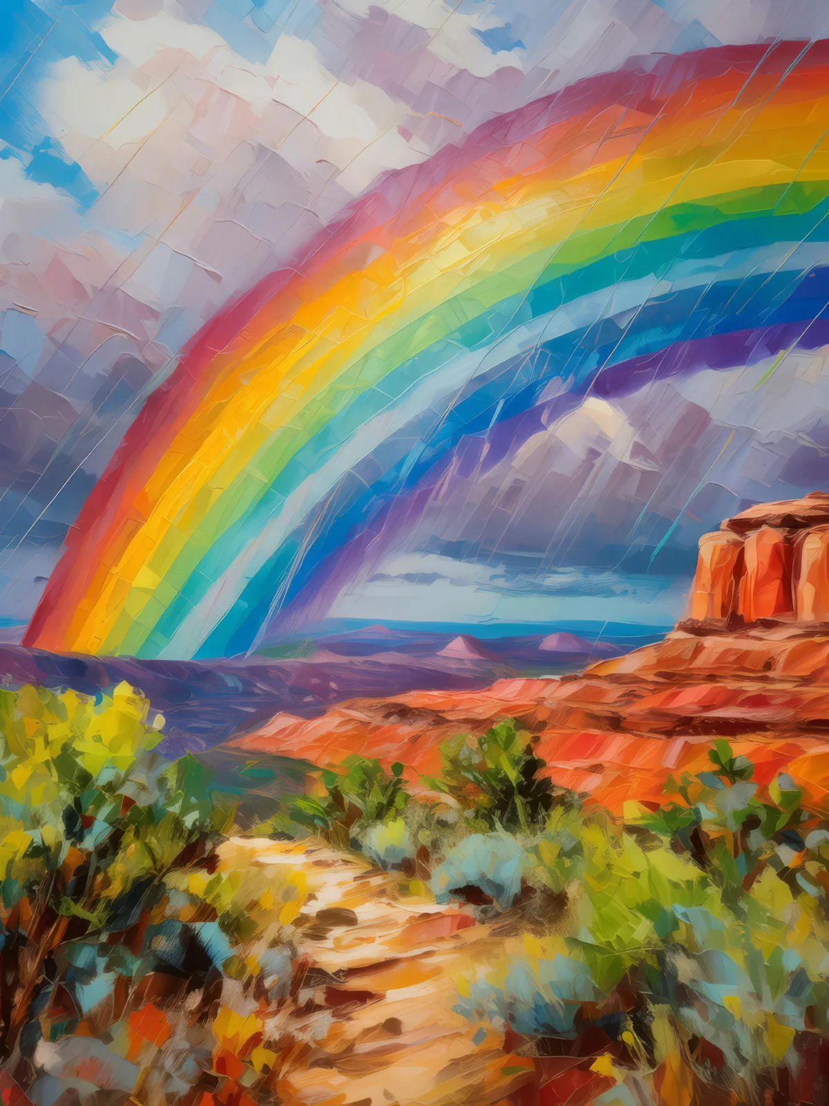 Rainbow Over Mesa, a palette-knife oil landscape by Emma Mickelberg