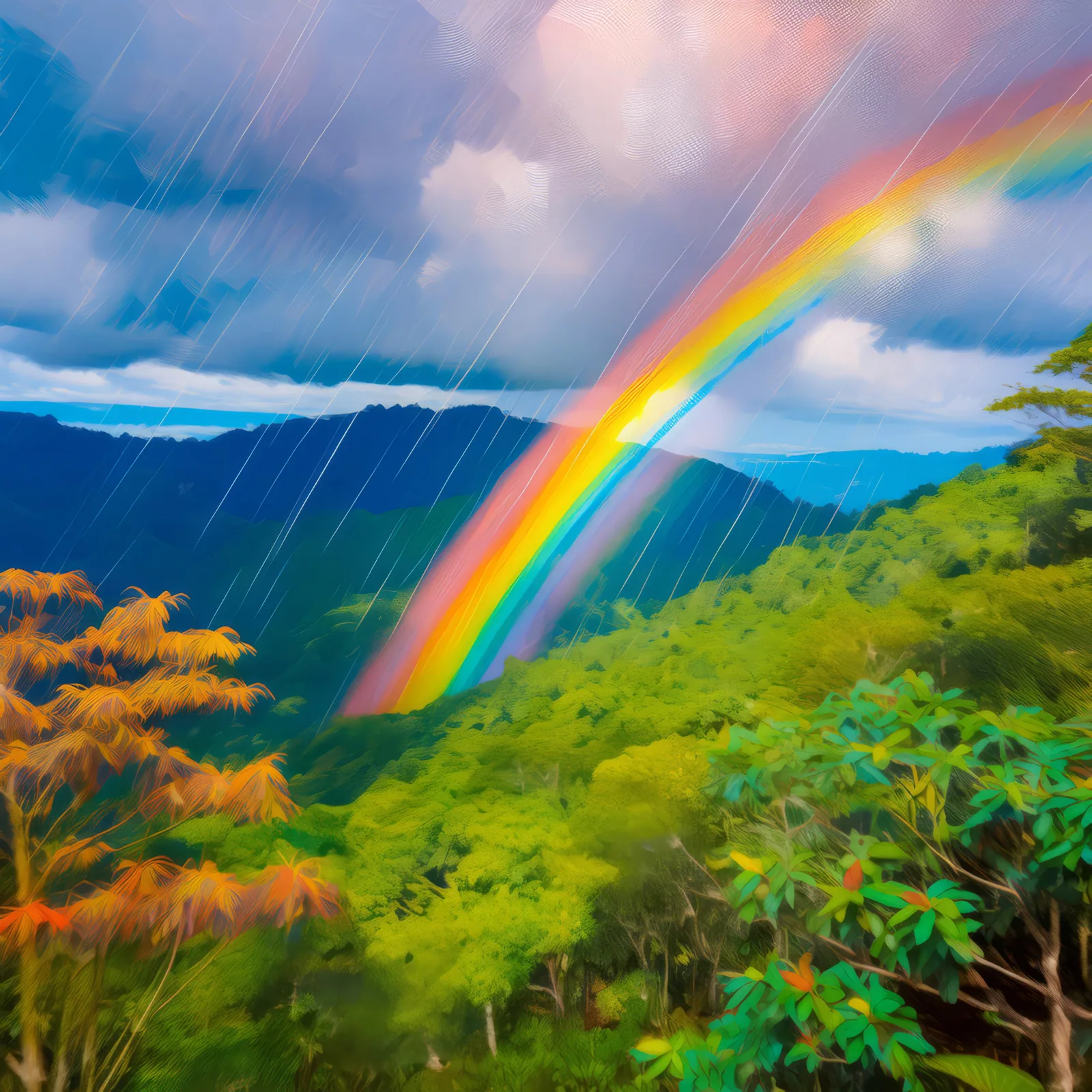 Rainbow Over Mountain Forest, a palette-knife oil landscape by Emma Mickelberg