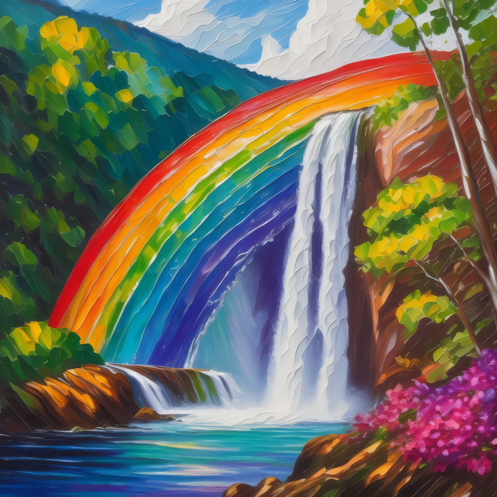 Rainbow Over Waterfall, a palette-knife oil landscape by Emma Mickelberg