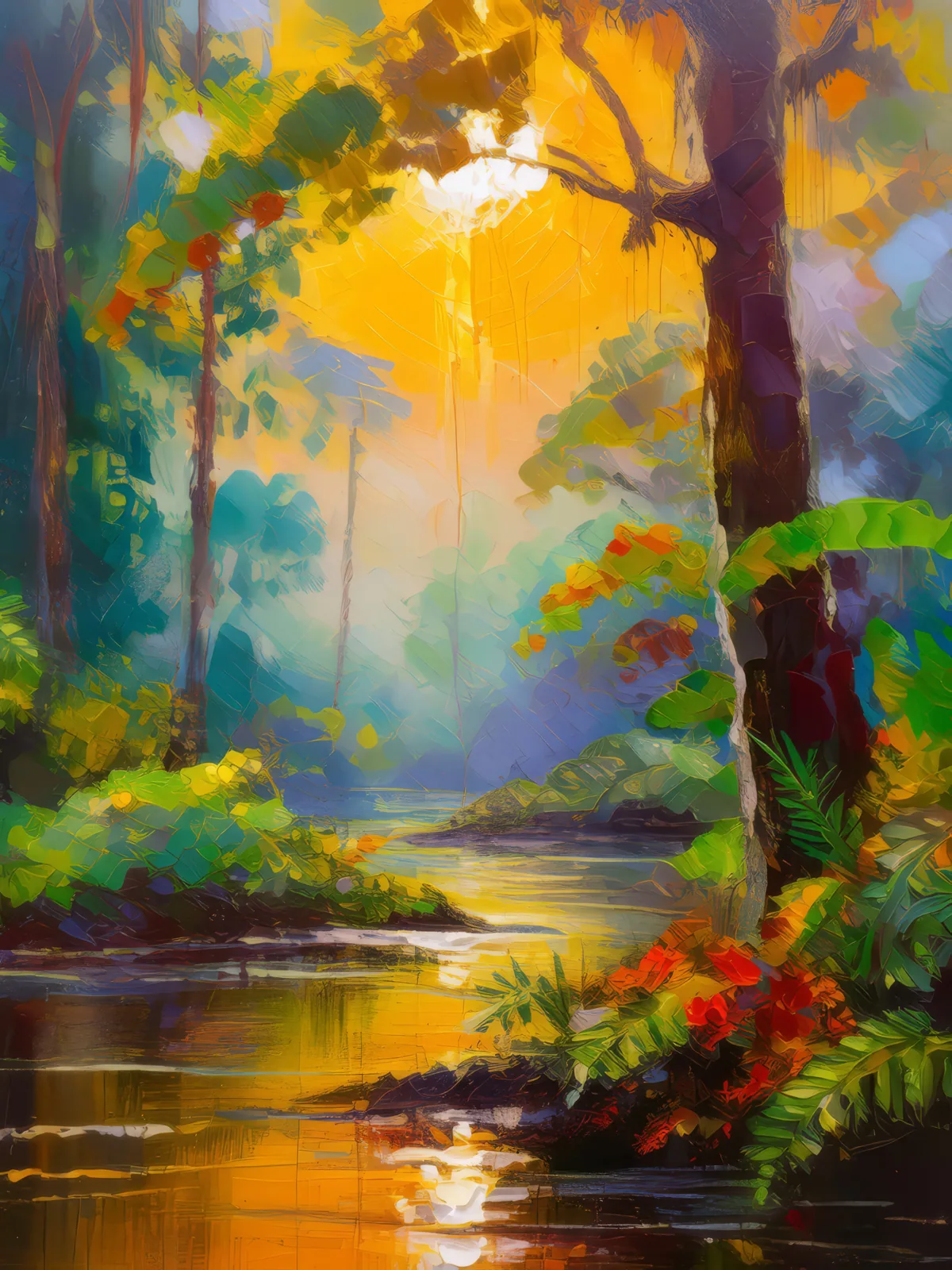 Rainforest at Dawn, a palette-knife oil landscape by Emma Mickelberg