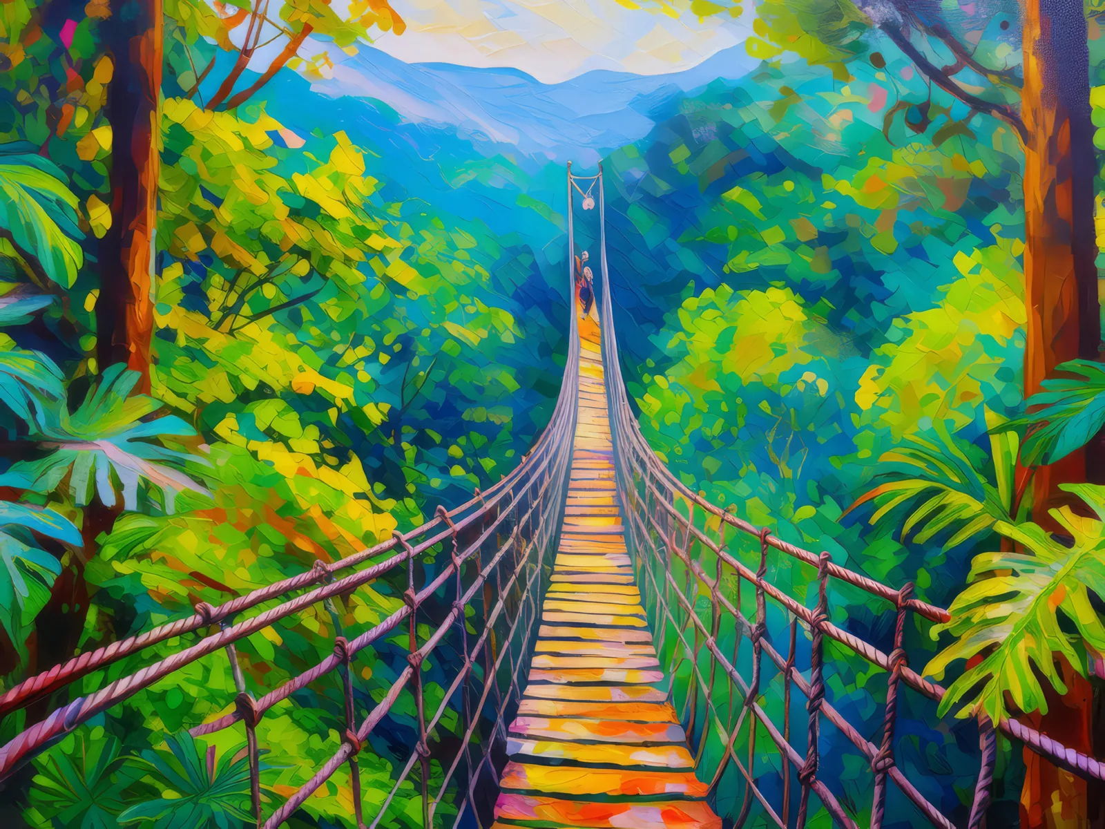 Rainforest Canopy Adventure, a palette-knife oil landscape by Emma Mickelberg