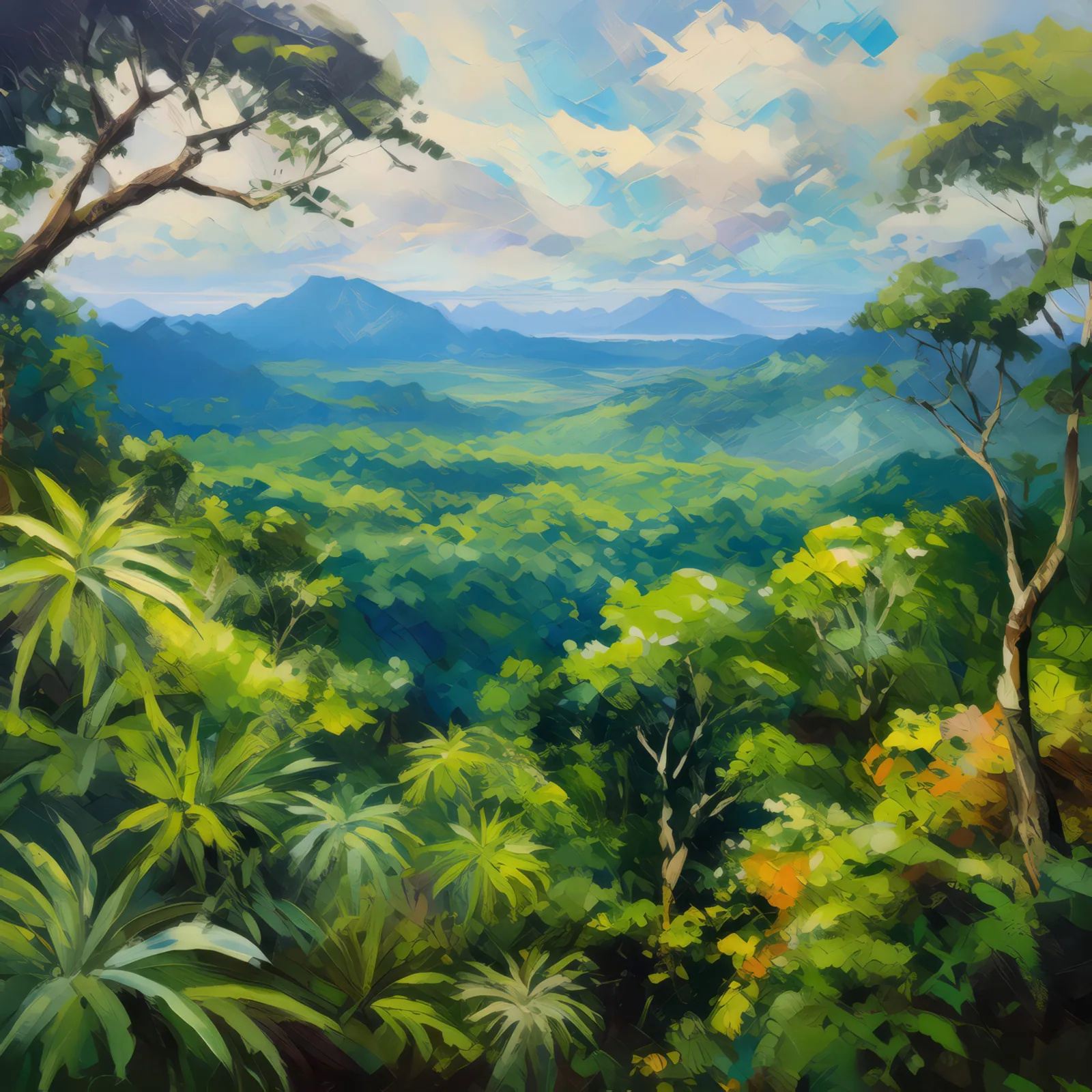 Rainforest Canopy View, a palette-knife oil landscape by Emma Mickelberg