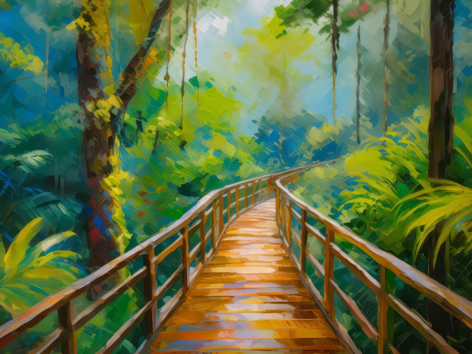 Rainforest Canopy Walk, a palette-knife oil landscape by Emma Mickelberg