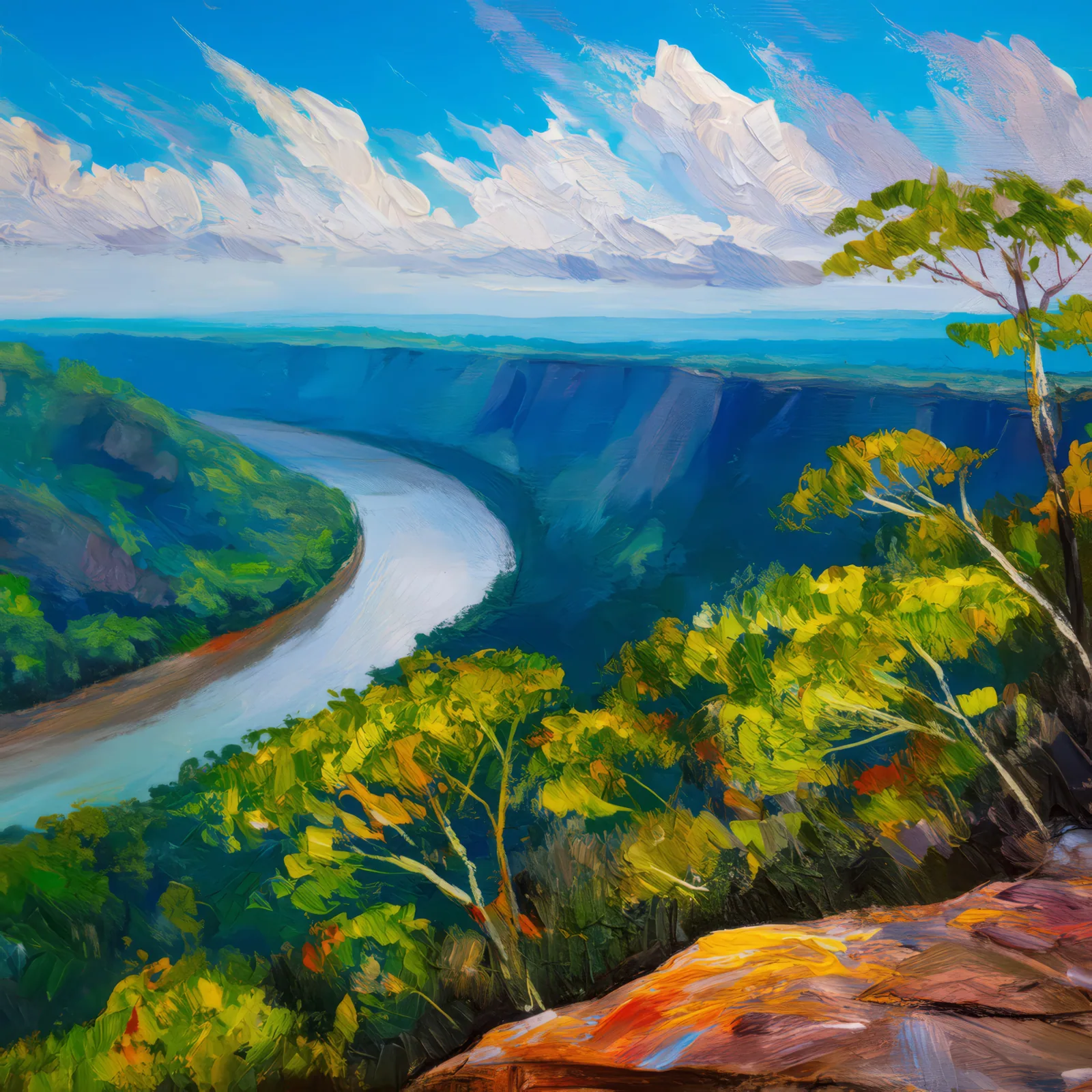 Rainforest Cliff View, a palette-knife oil landscape by Emma Mickelberg