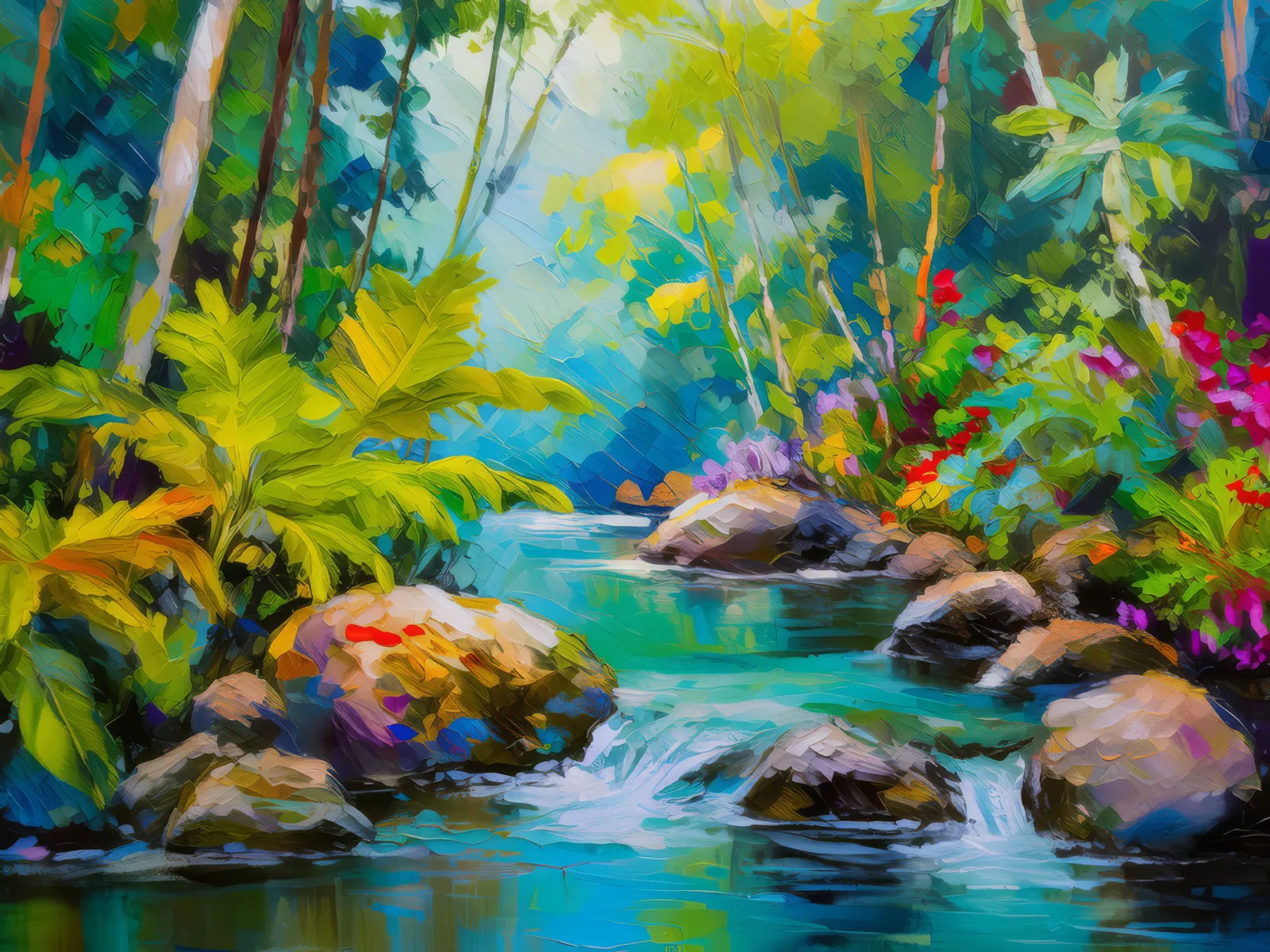 Rainforest Creek Flow, a palette-knife oil landscape by Emma Mickelberg