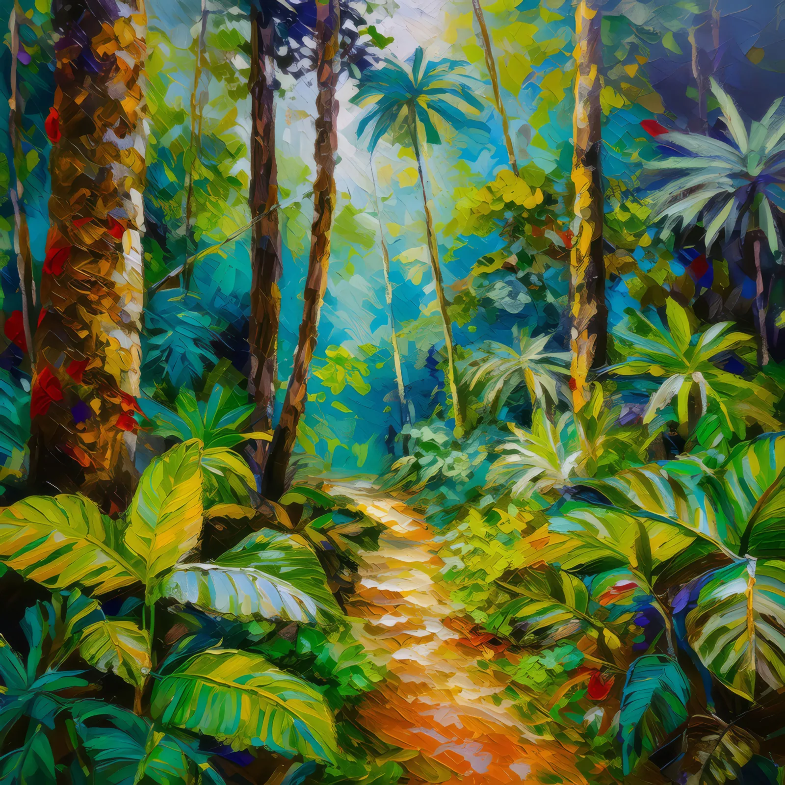 Rainforest Exploration Path, a palette-knife oil landscape by Emma Mickelberg