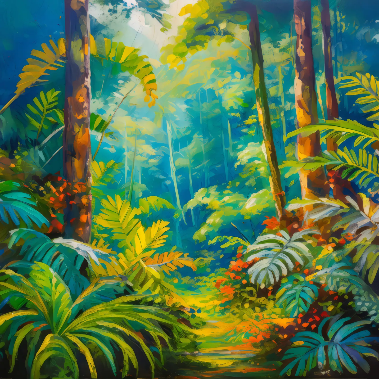 Rainforest Fern Understory, a palette-knife oil landscape by Emma Mickelberg