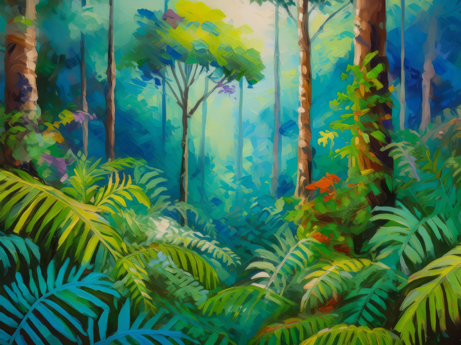 Rainforest Ferns and Trees, a palette-knife oil landscape by Emma Mickelberg
