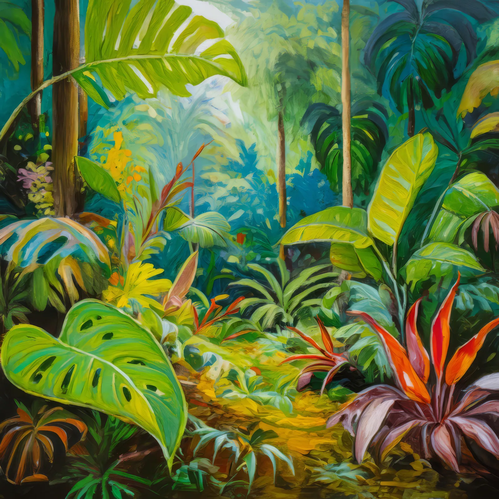 Rainforest Floor Scene, a palette-knife oil landscape by Emma Mickelberg