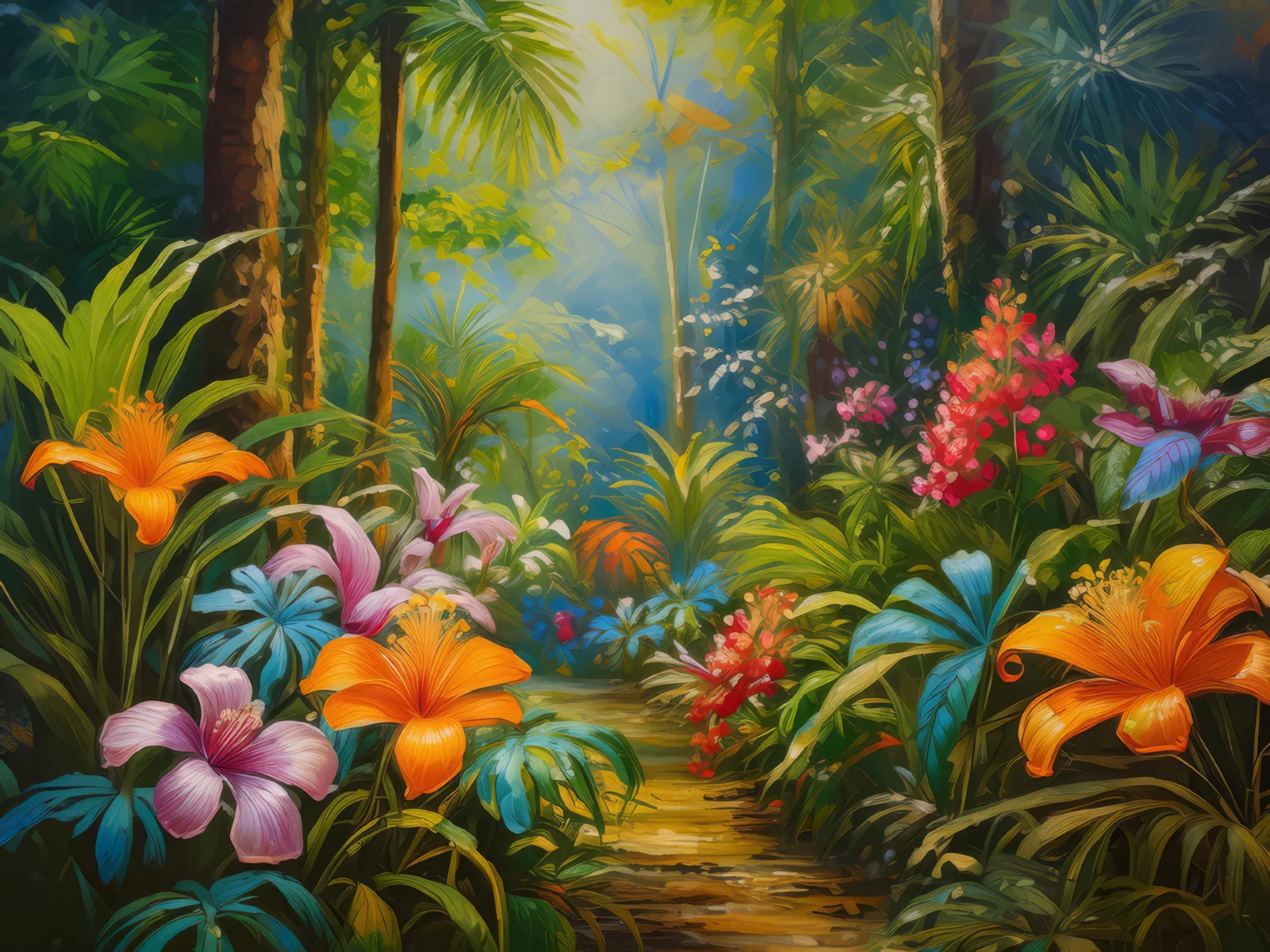 Rainforest Flower Garden, a palette-knife oil landscape by Emma Mickelberg