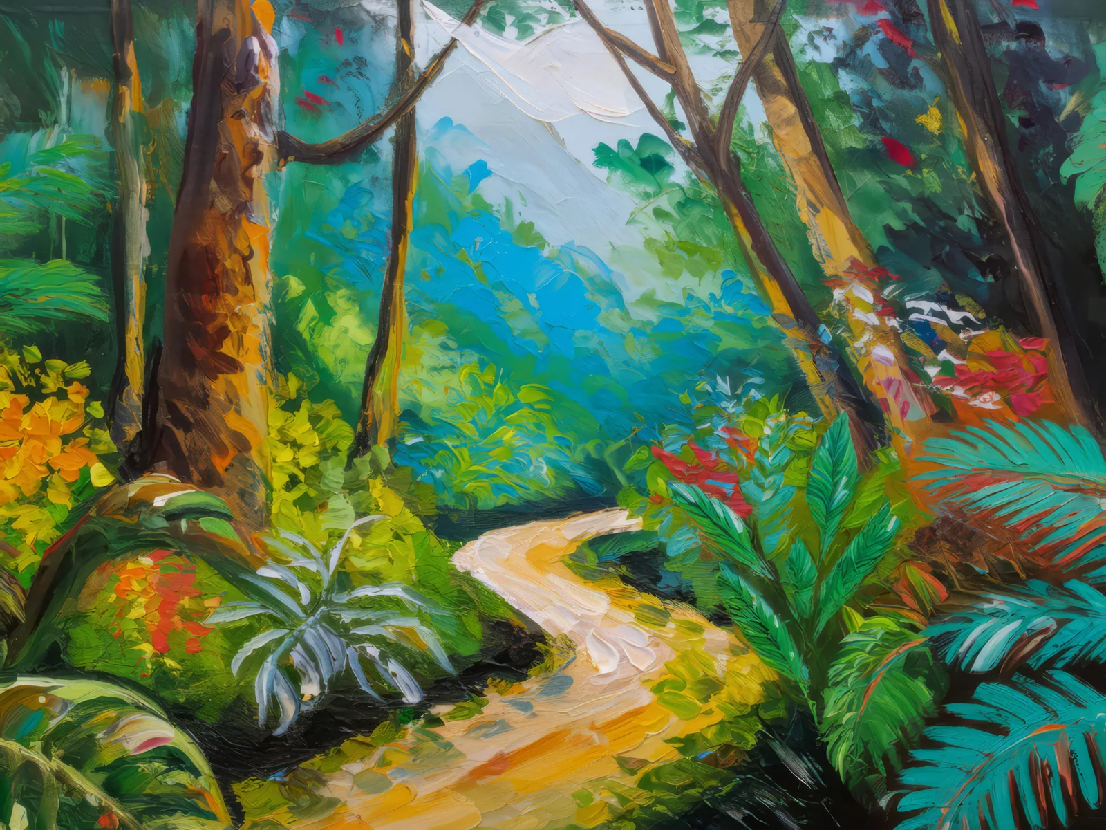 Rainforest Hiking Path, a palette-knife oil landscape by Emma Mickelberg