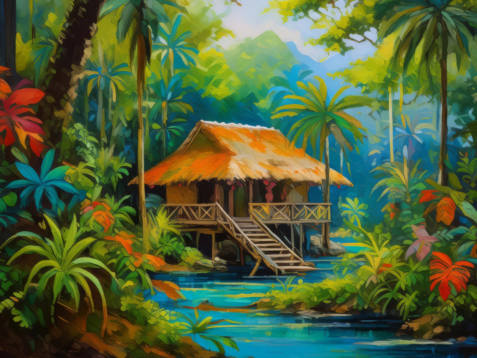 Rainforest Jungle Hideaway, a palette-knife oil landscape by Emma Mickelberg