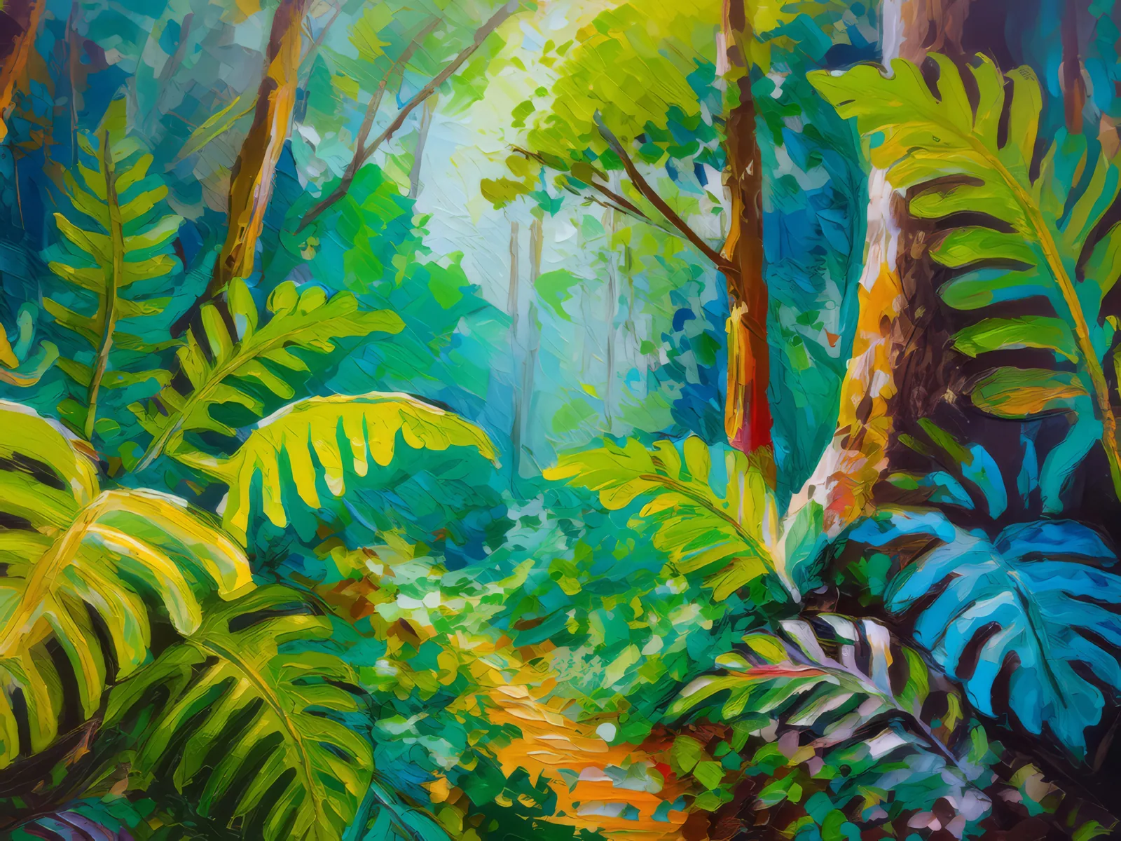Rainforest Lush Understory, a palette-knife oil landscape by Emma Mickelberg