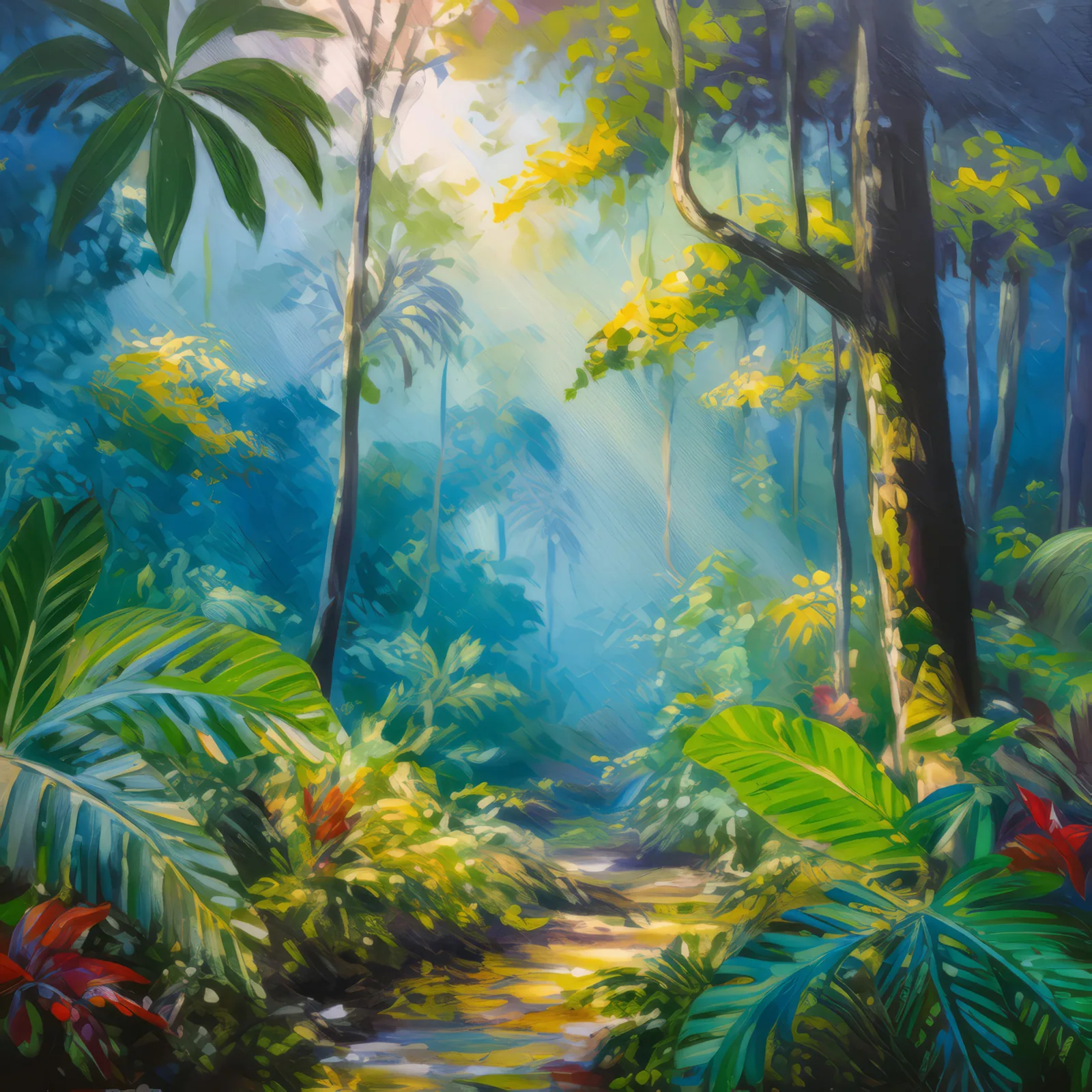 Rainforest Misty Morning, a palette-knife oil landscape by Emma Mickelberg