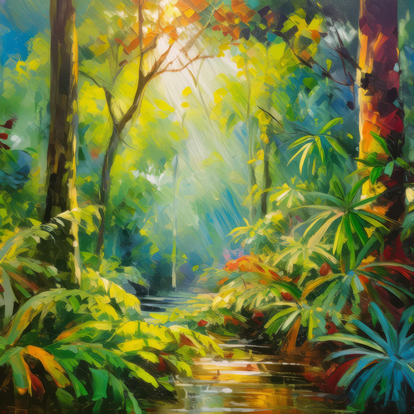 Rainforest Morning Light, a palette-knife oil landscape by Emma Mickelberg