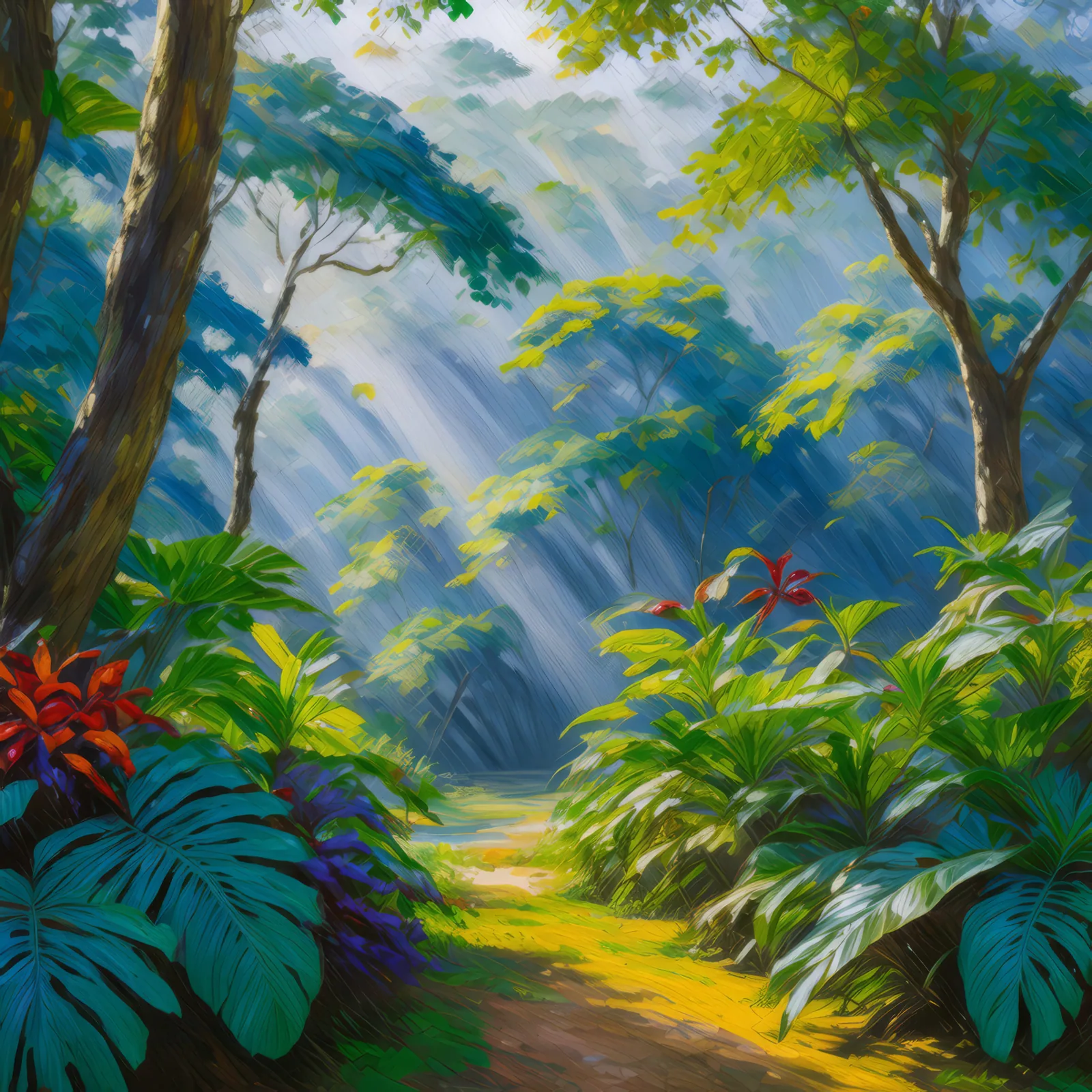 Rainforest Morning Mist, a palette-knife oil landscape by Emma Mickelberg