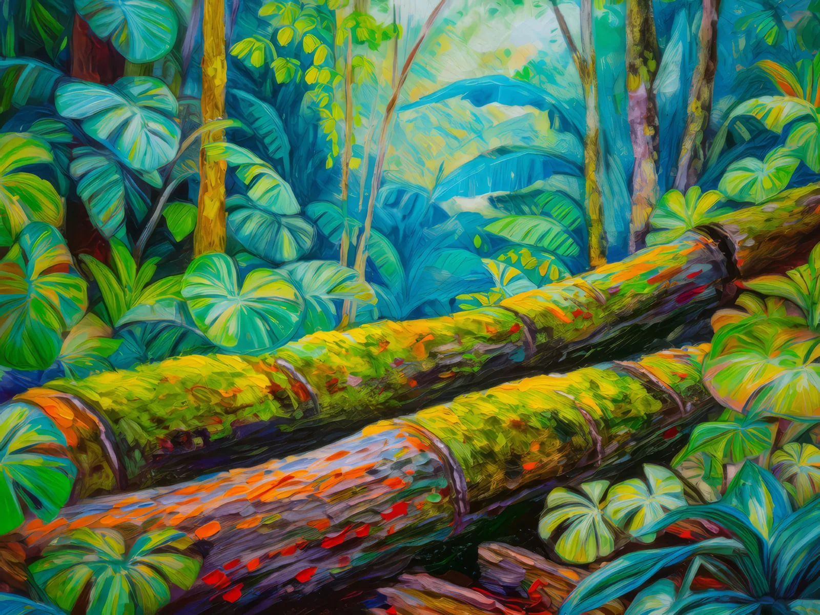 Rainforest Mossy Logs, a palette-knife oil landscape by Emma Mickelberg