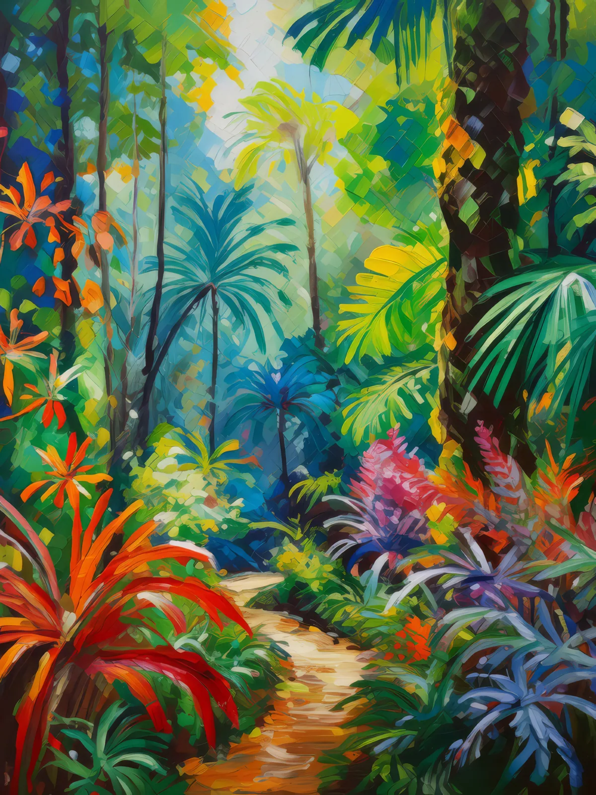 Rainforest Nature Walk, a palette-knife oil landscape by Emma Mickelberg