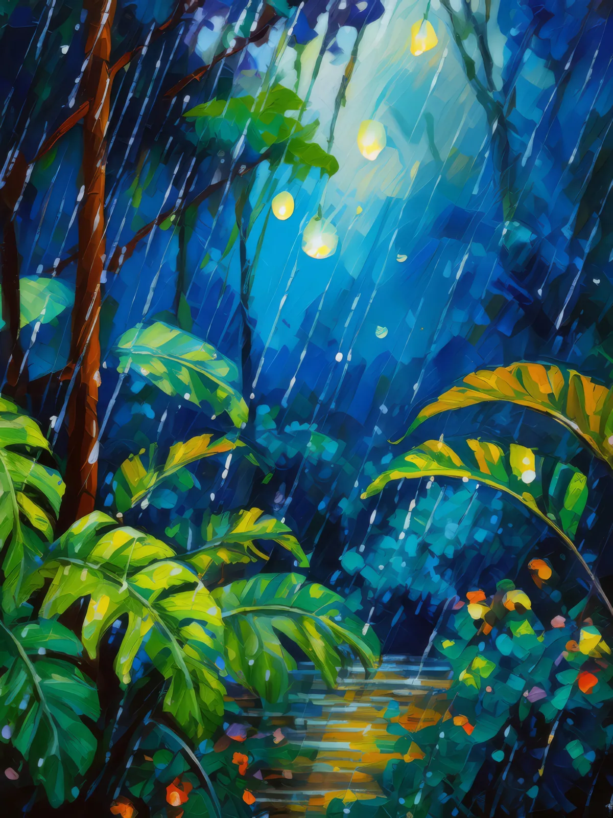 Rainforest Night Rain, a palette-knife oil landscape by Emma Mickelberg