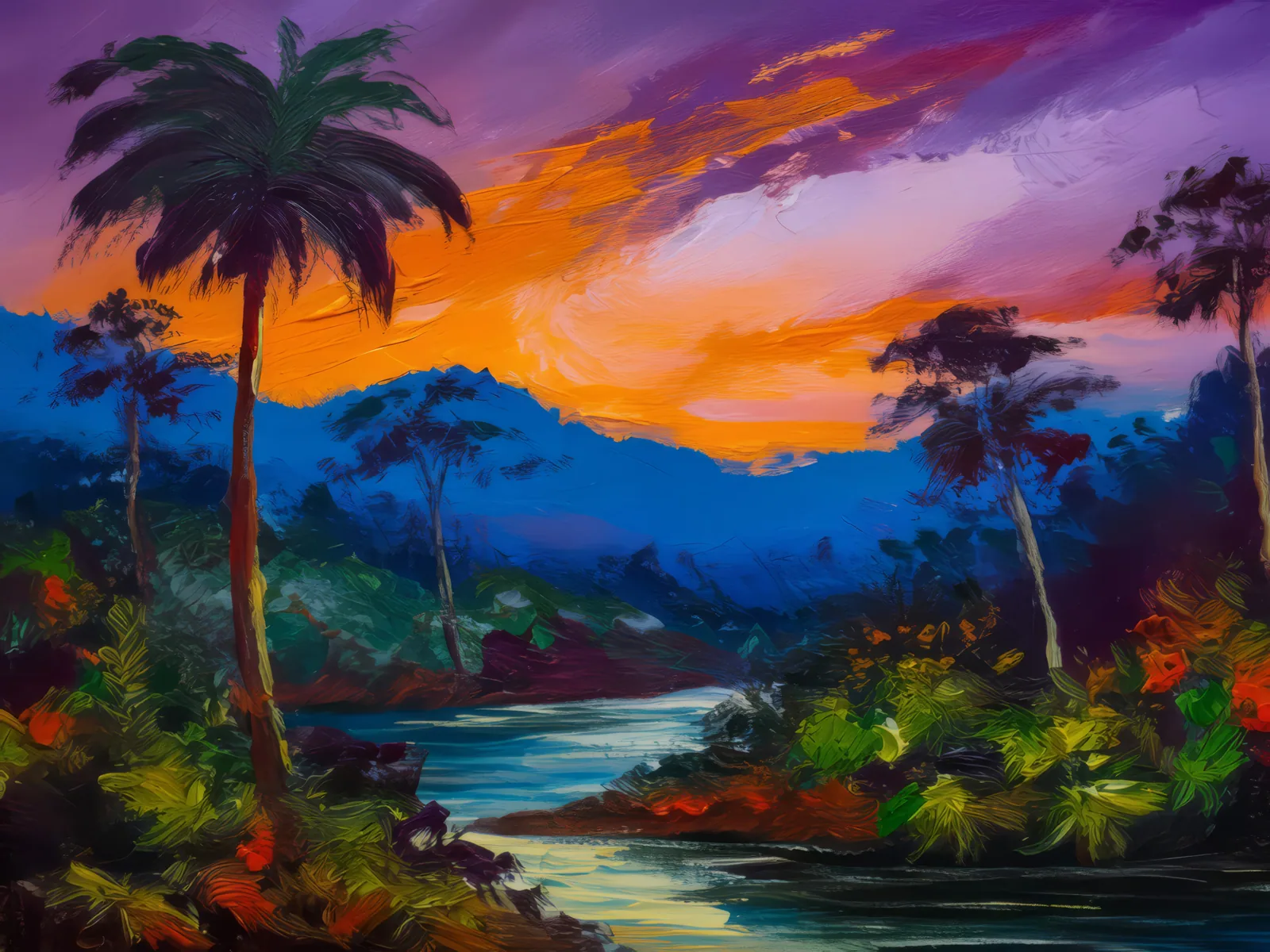 Rainforest Nightfall, a palette-knife oil landscape by Emma Mickelberg