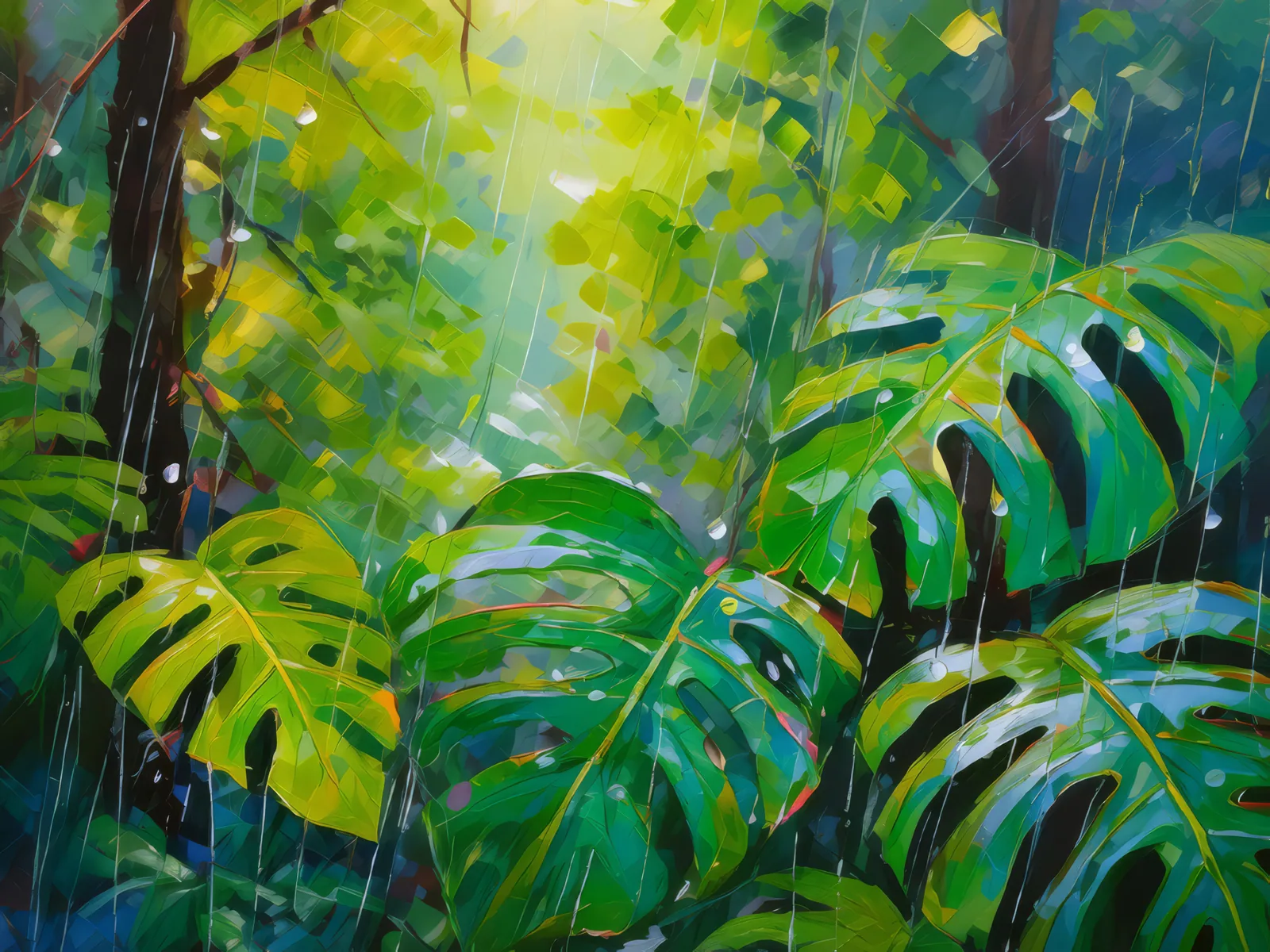 Rainforest Rain Drops, a palette-knife oil landscape by Emma Mickelberg