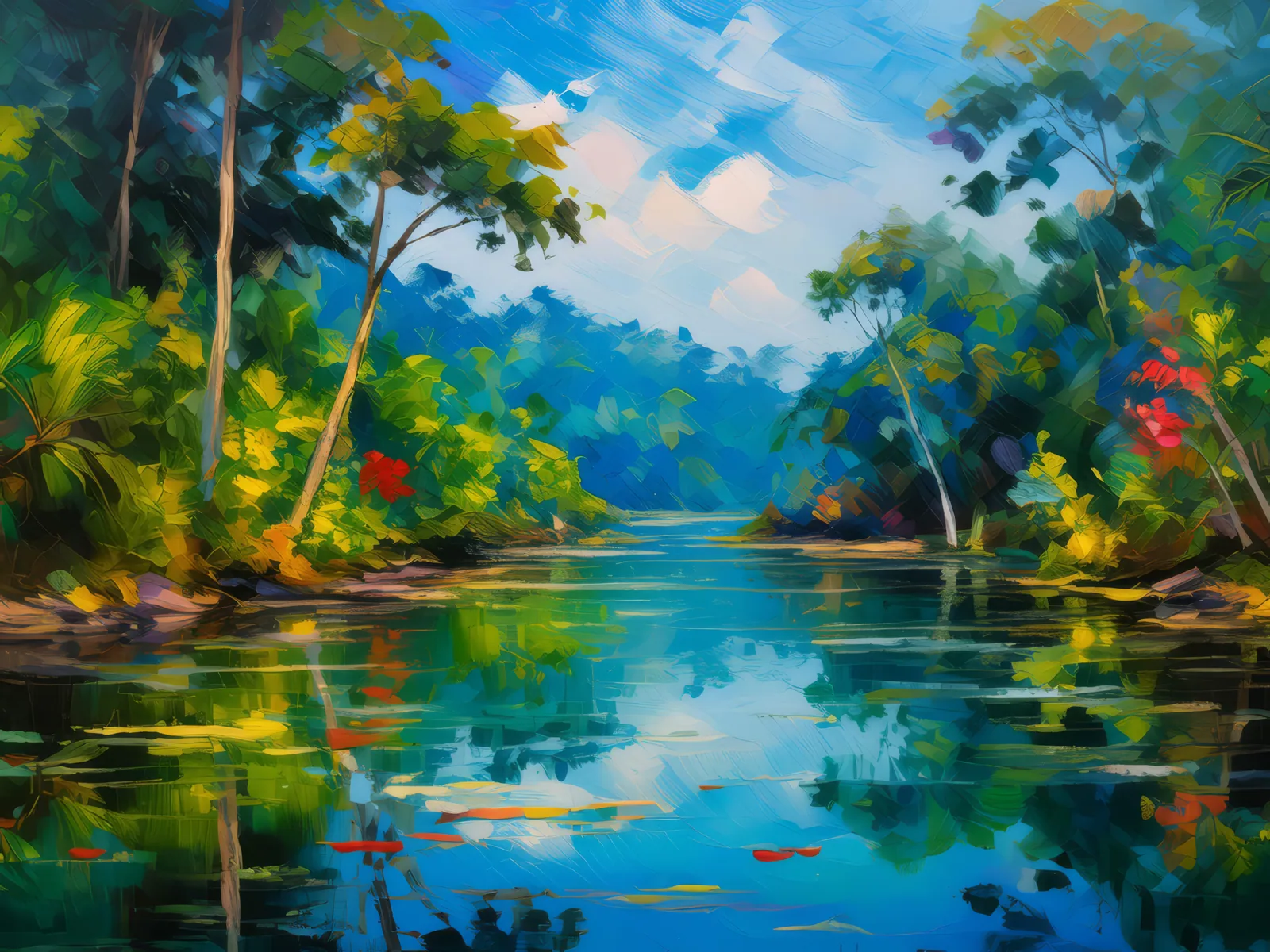 Rainforest River Reflection, a palette-knife oil landscape by Emma Mickelberg
