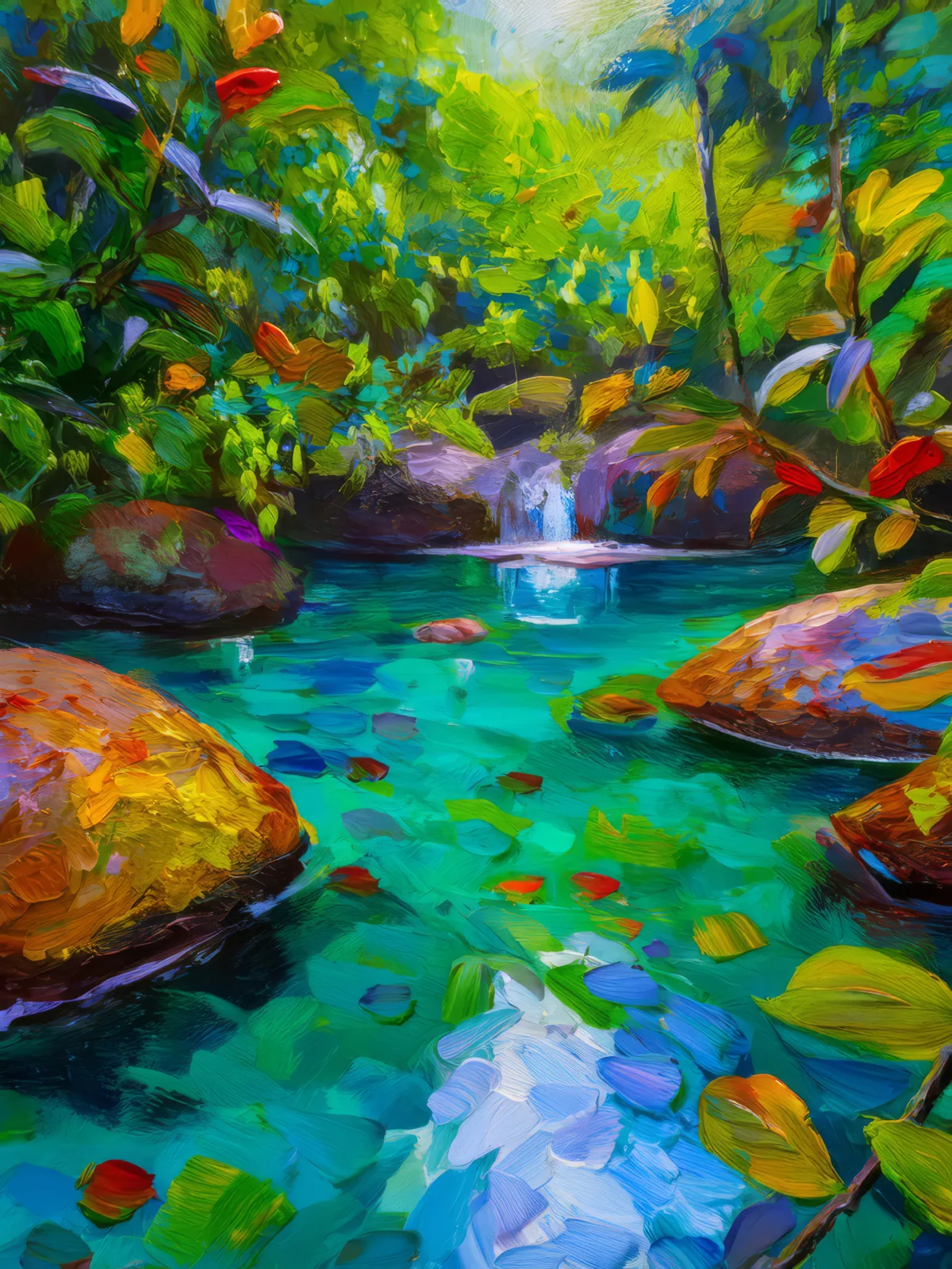 Rainforest Rock Pools, a palette-knife oil landscape by Emma Mickelberg