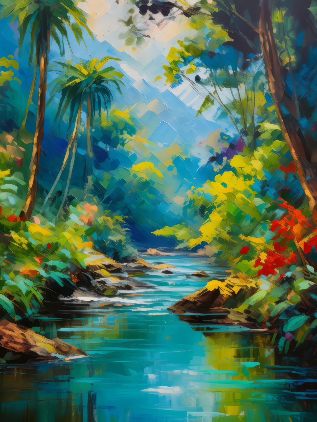 Rainforest Stream Flow, a palette-knife oil landscape by Emma Mickelberg
