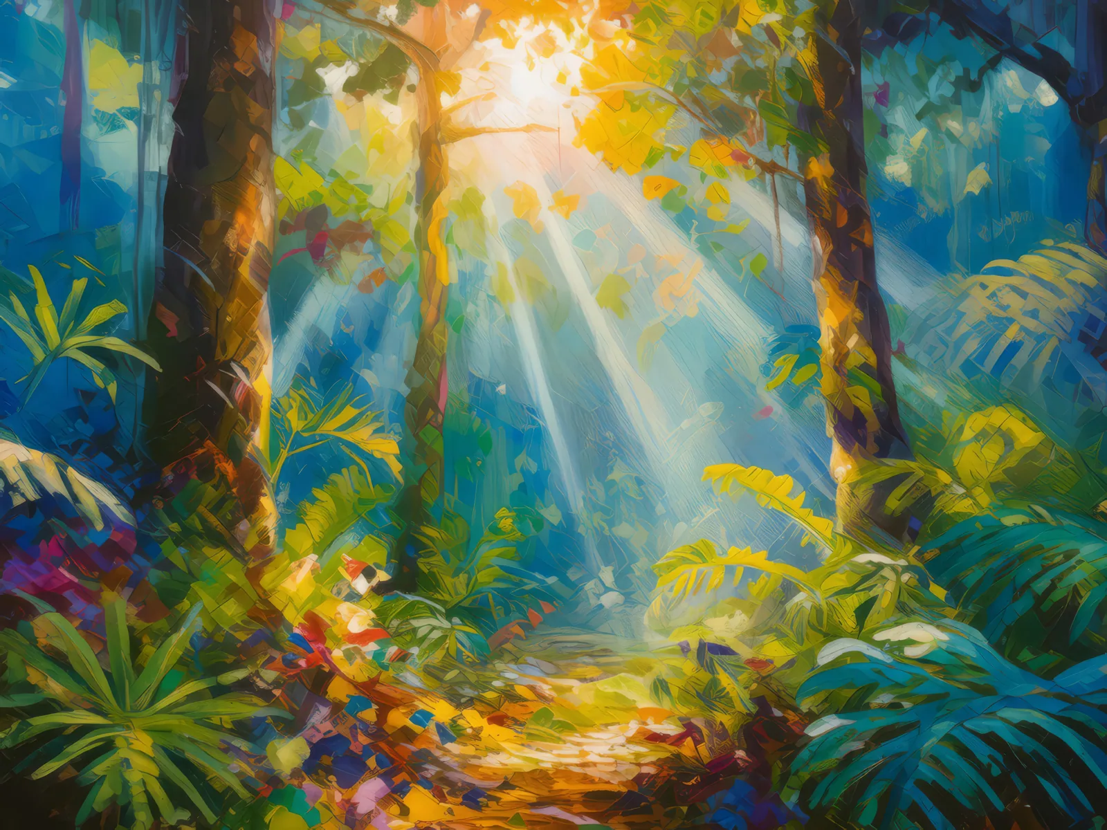 Rainforest Sunbeam, a palette-knife oil landscape by Emma Mickelberg