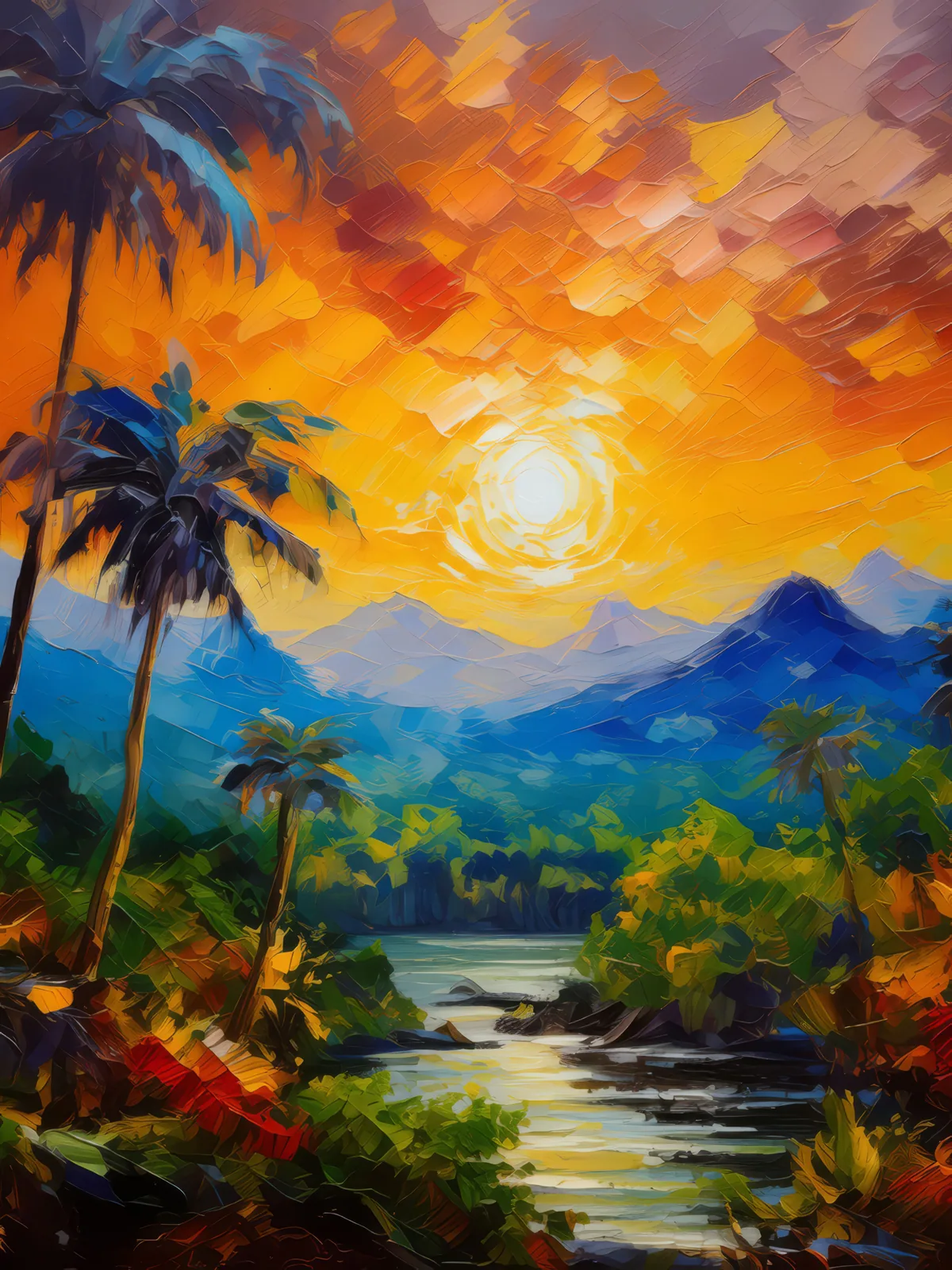 Rainforest Sunrise View, a palette-knife oil landscape by Emma Mickelberg