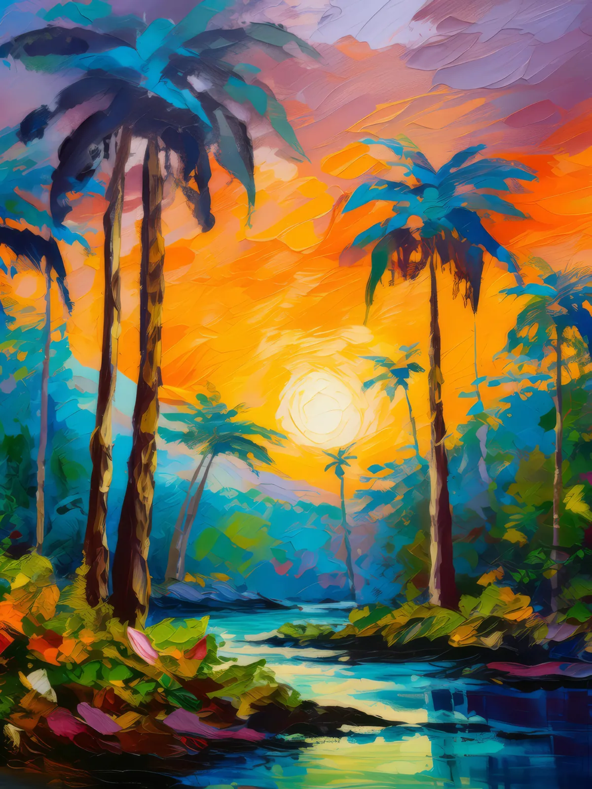 Rainforest Sunset Silhouette, a palette-knife oil landscape by Emma Mickelberg