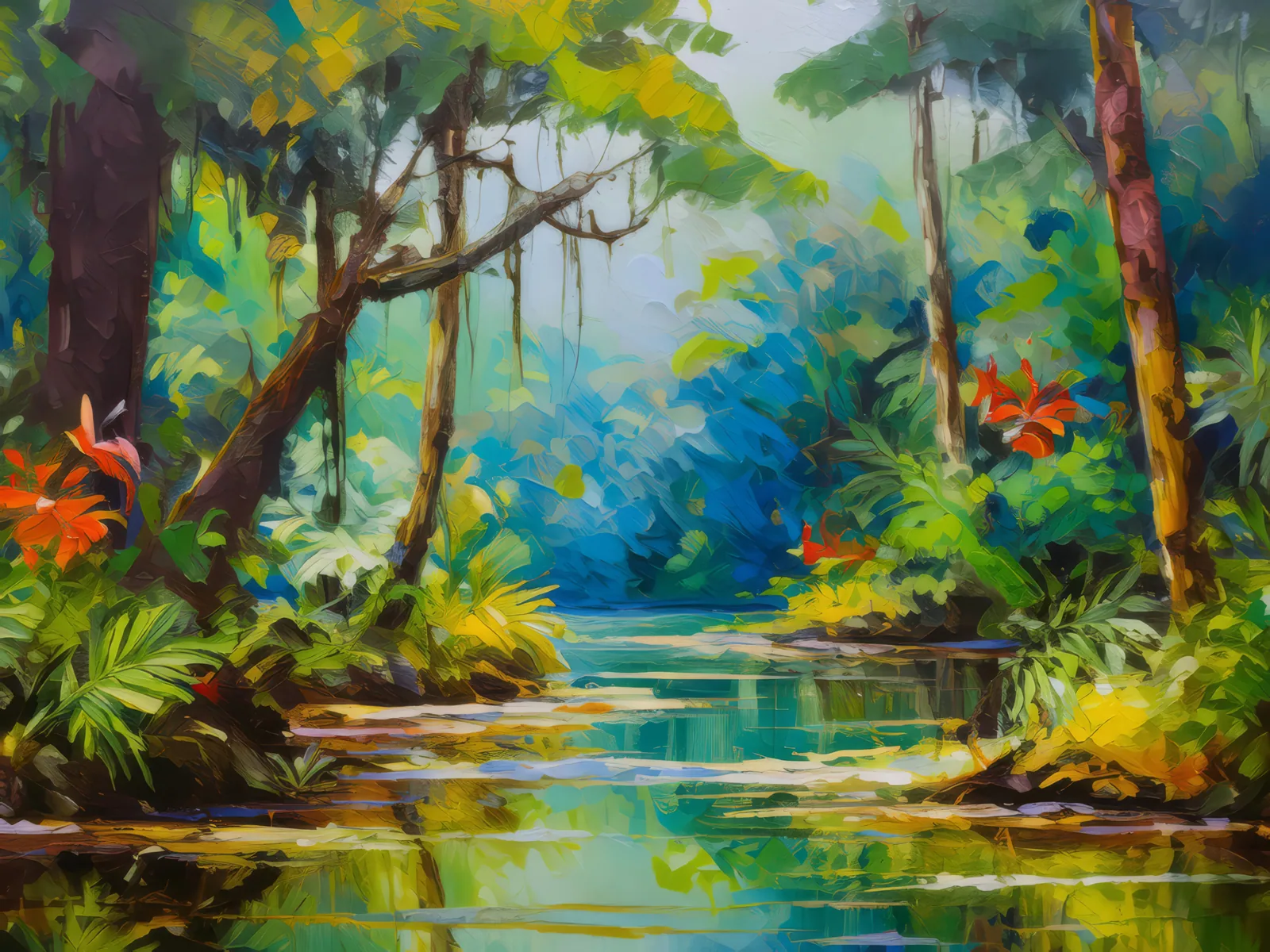 Rainforest Swamp, a palette-knife oil landscape by Emma Mickelberg