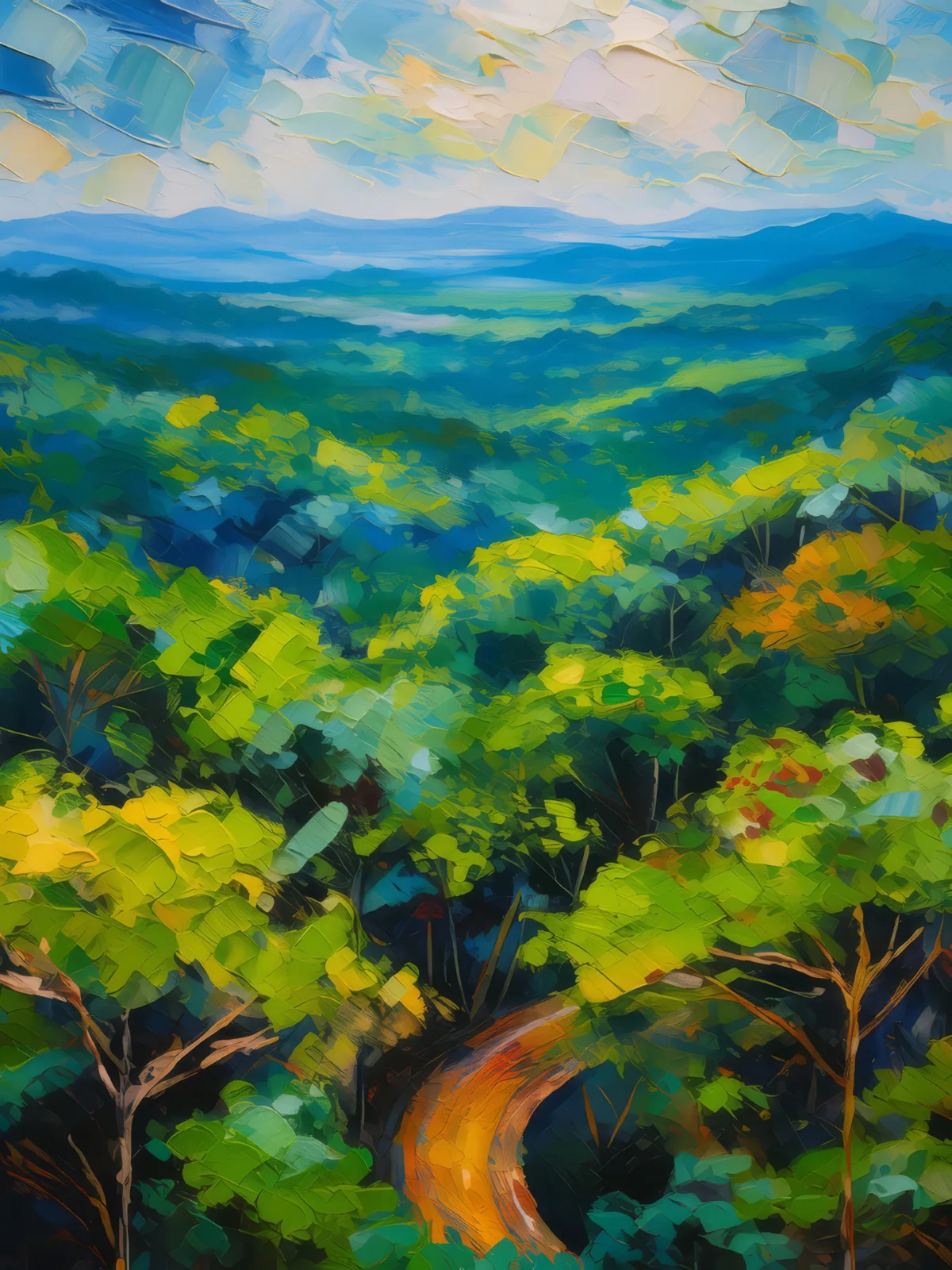 Rainforest Tree Canopy, a palette-knife oil landscape by Emma Mickelberg